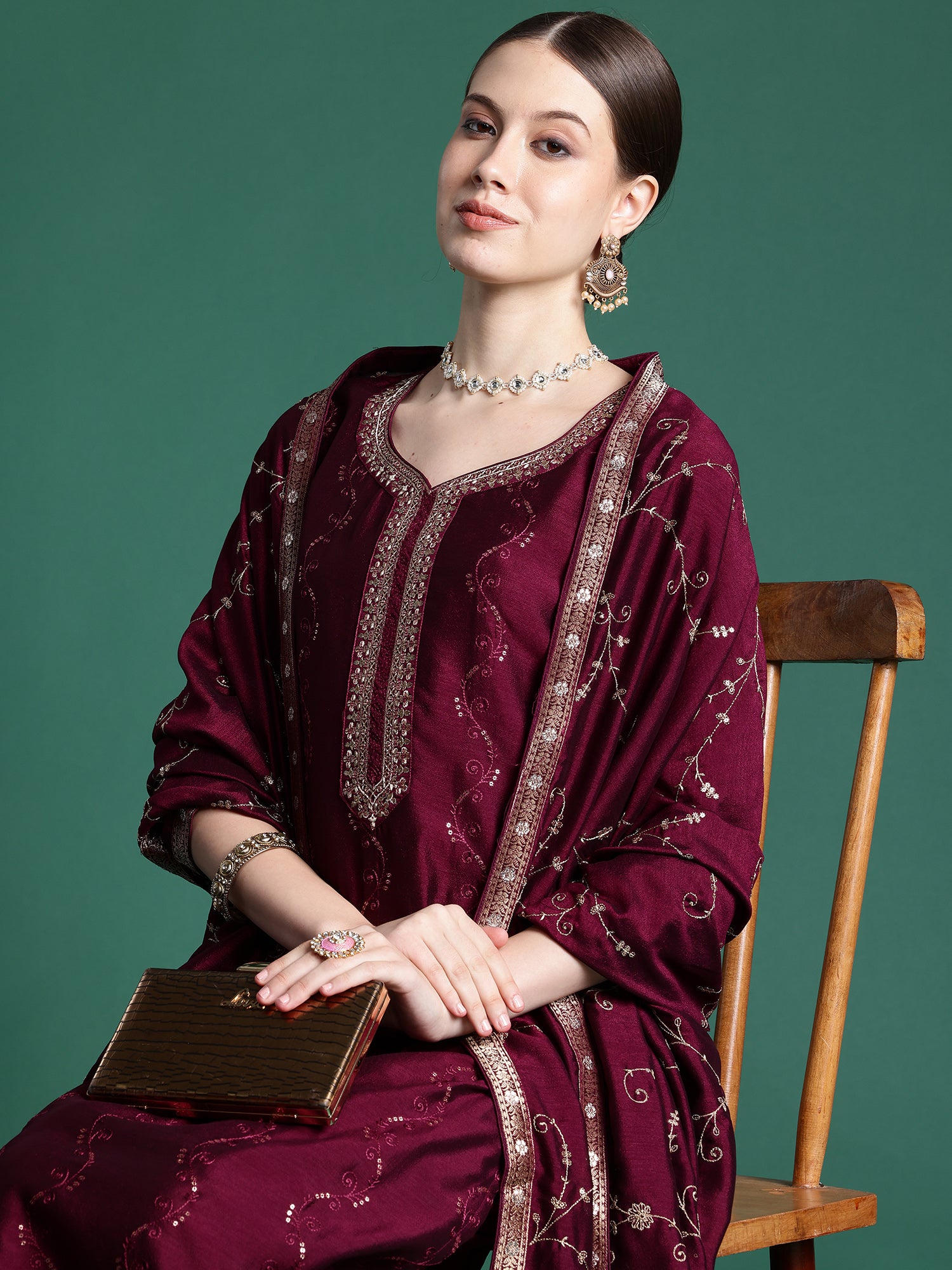 Burgundy Embroidered Straight Kurta Trousers With Dupatta Set