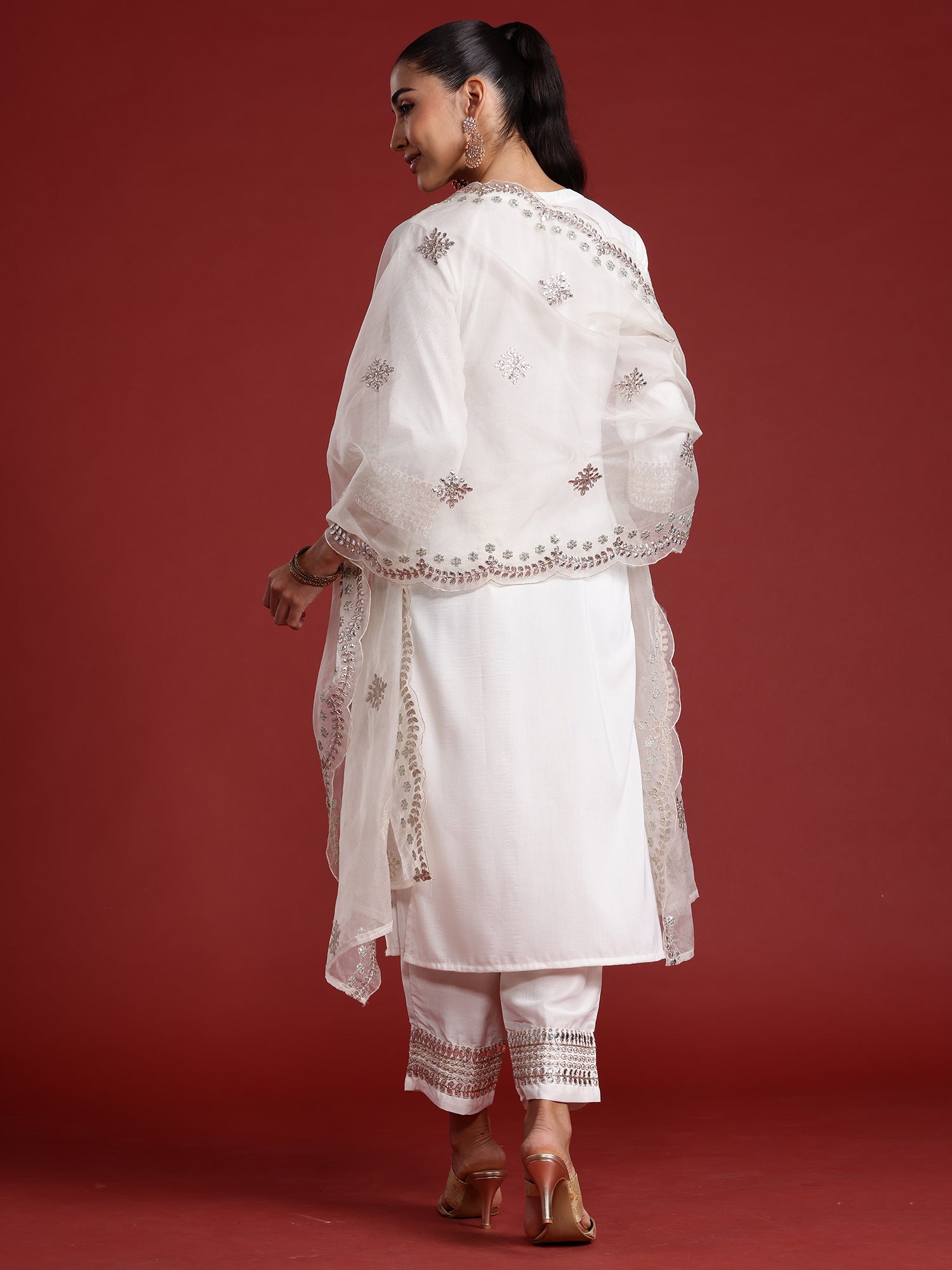 Off White Embroidered Straight Kurta Trousers With Dupatta Set