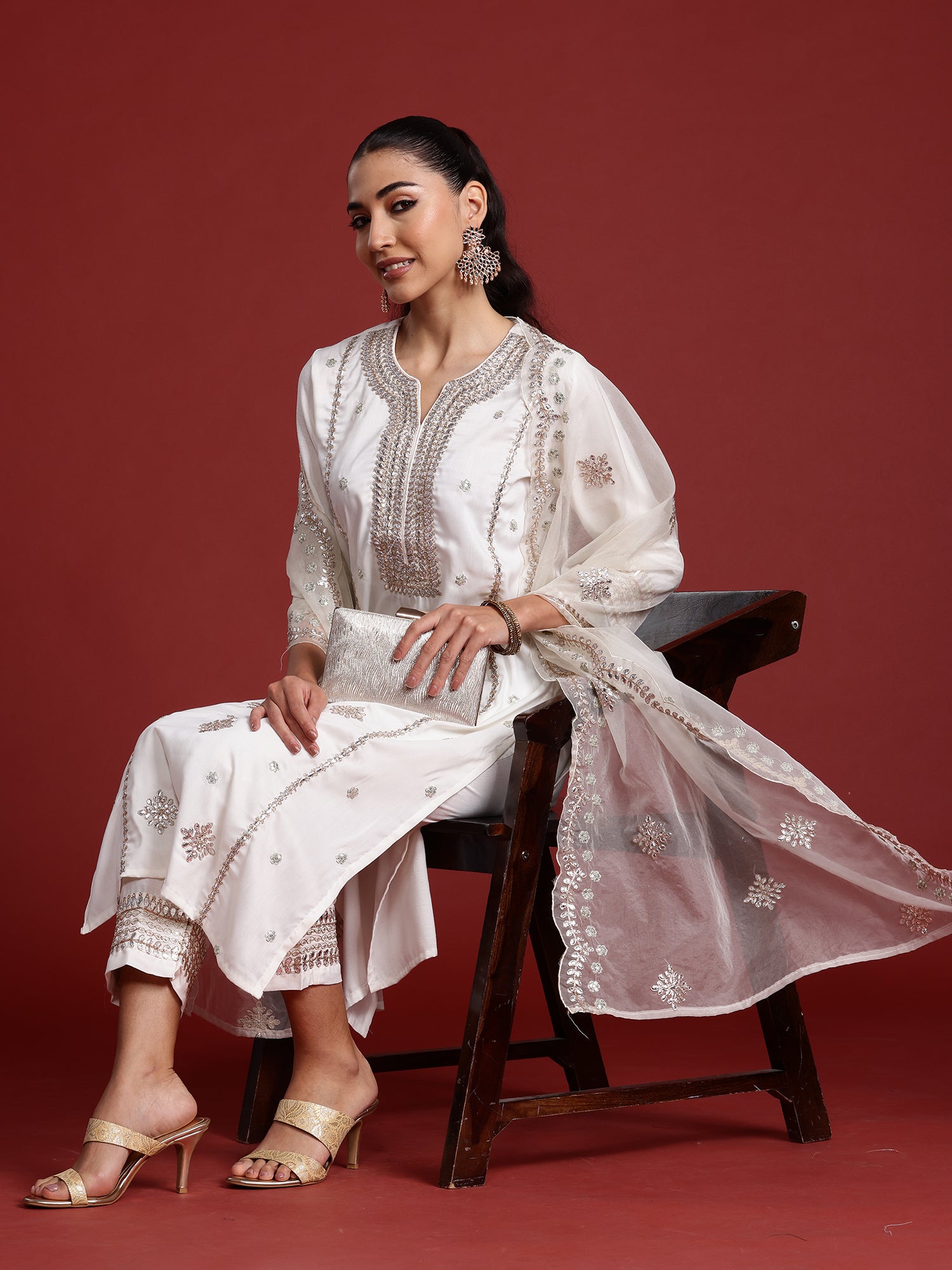 Off White Embroidered Straight Kurta Trousers With Dupatta Set