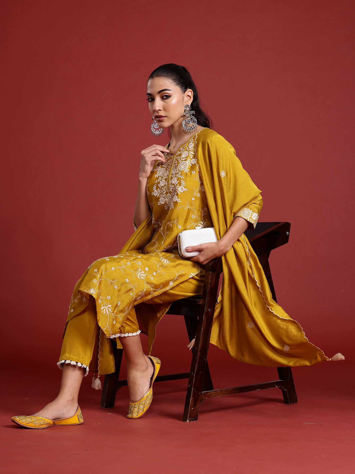 Yellow Embroidered Straight Kurta Trousers With Dupatta  Set