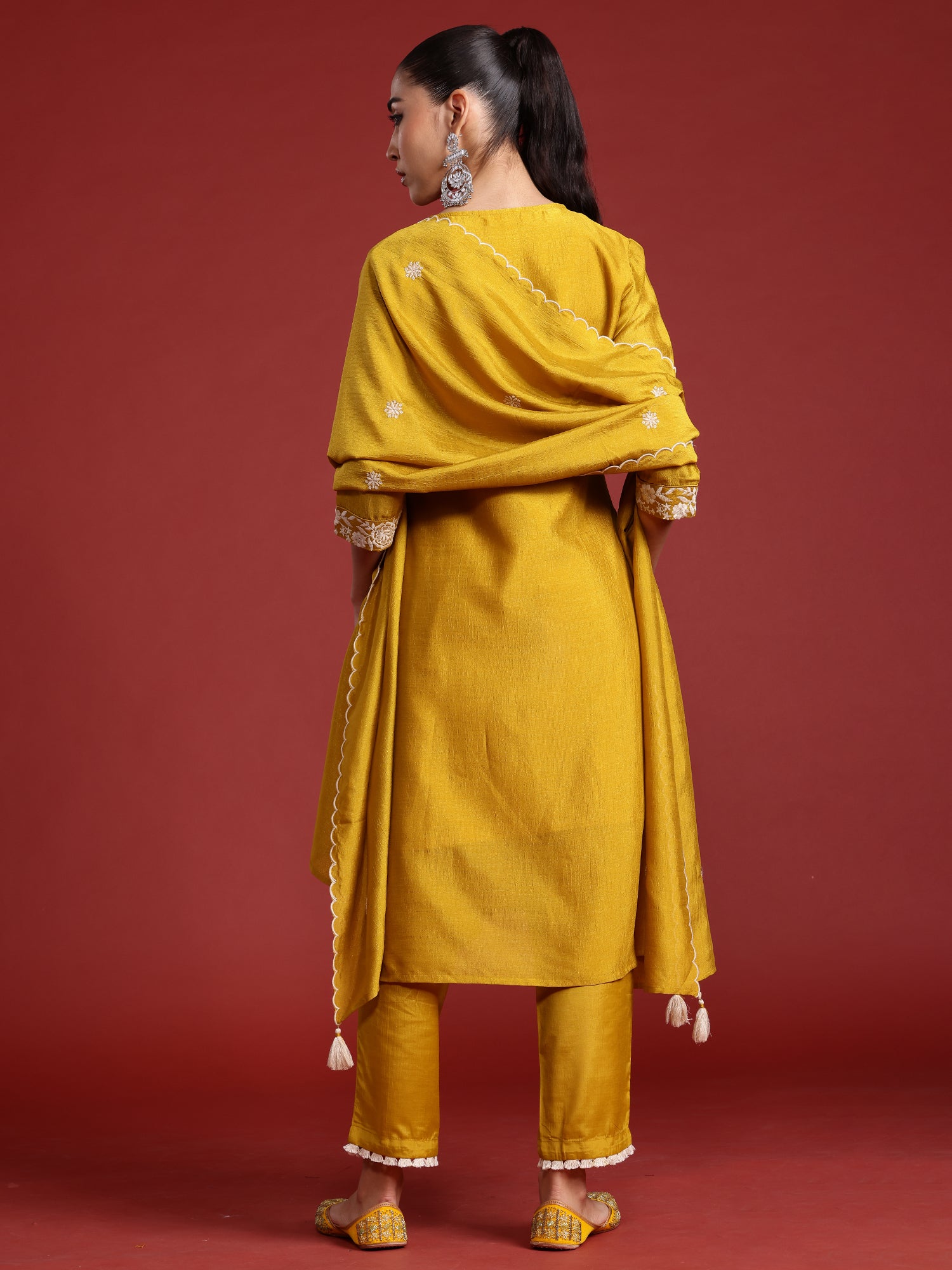 Yellow Embroidered Straight Kurta Trousers With Dupatta  Set