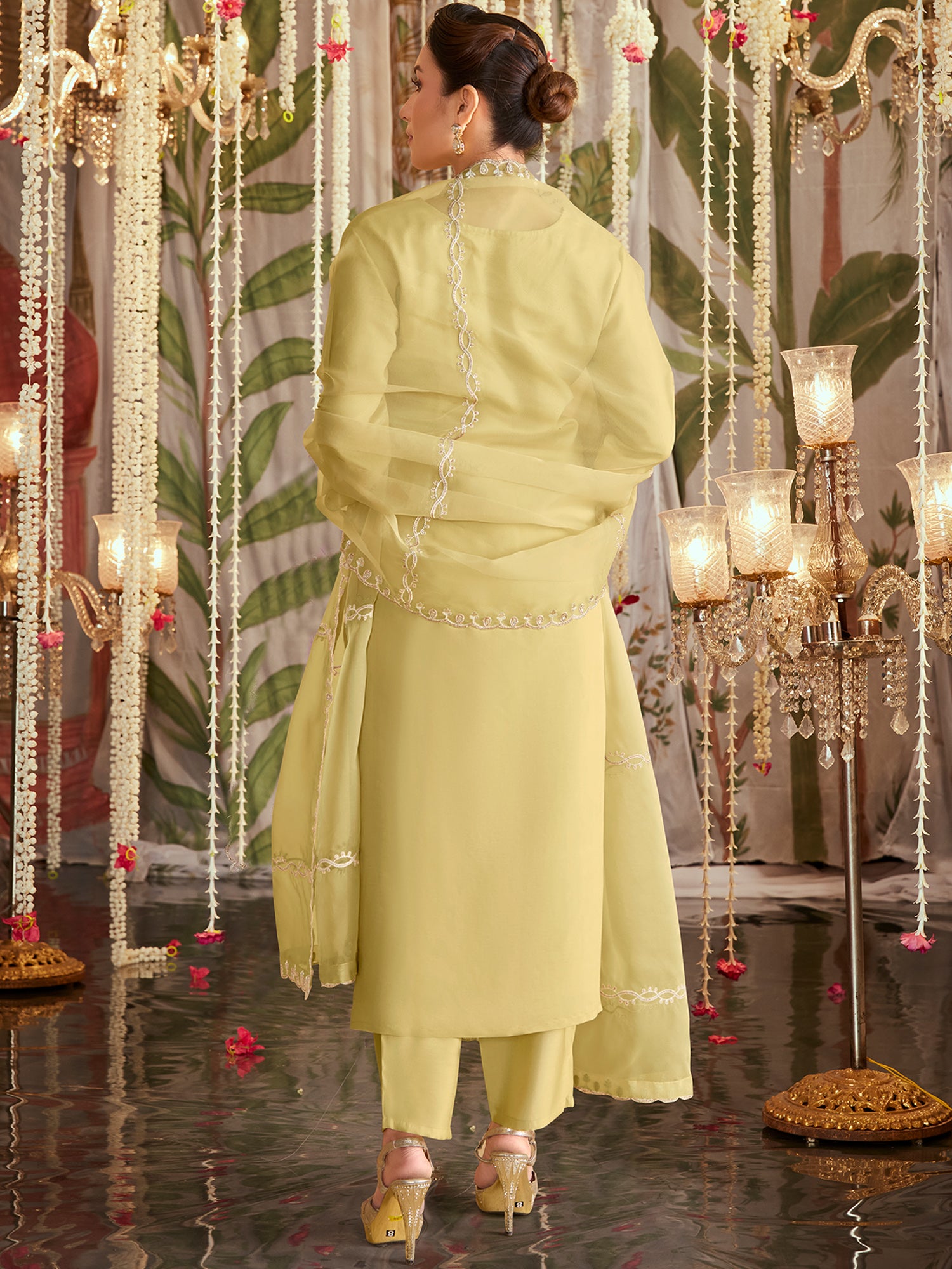 Yellow Straight Embroidered Kurta Trousers With Dupatta Set