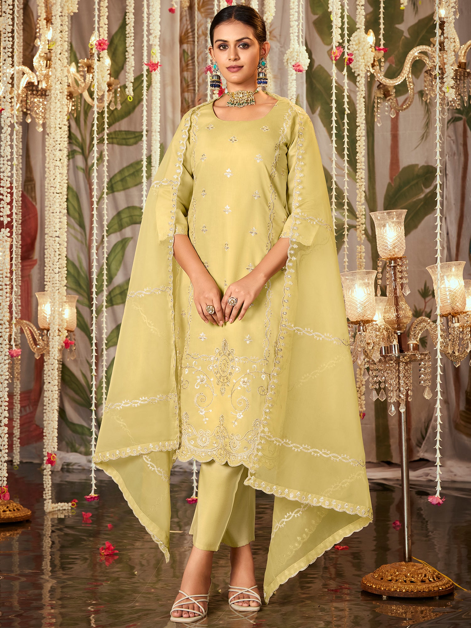 Yellow Straight Embroidered Kurta Trousers With Dupatta Set