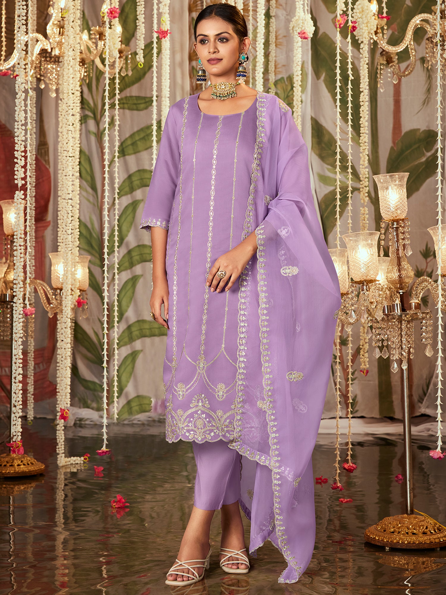 Lavender Straight Embroidered Kurta Trousers With Dupatta Set