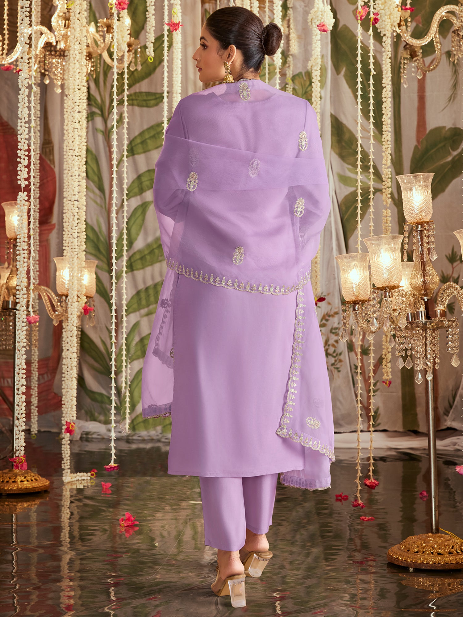 Lavender Straight Embroidered Kurta Trousers With Dupatta Set