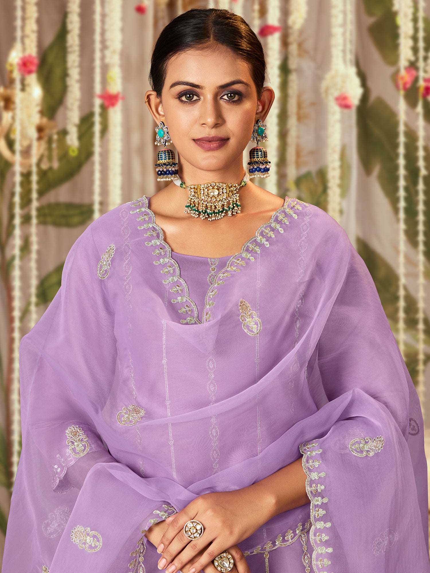 Lavender Straight Embroidered Kurta Trousers With Dupatta Set