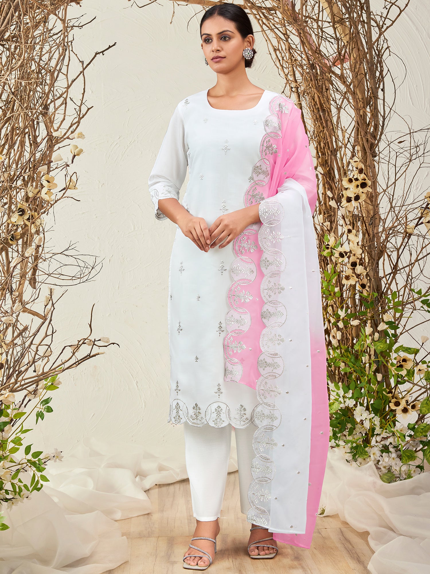 White Straight Embroidered Kurta Trousers With Dupatta Set