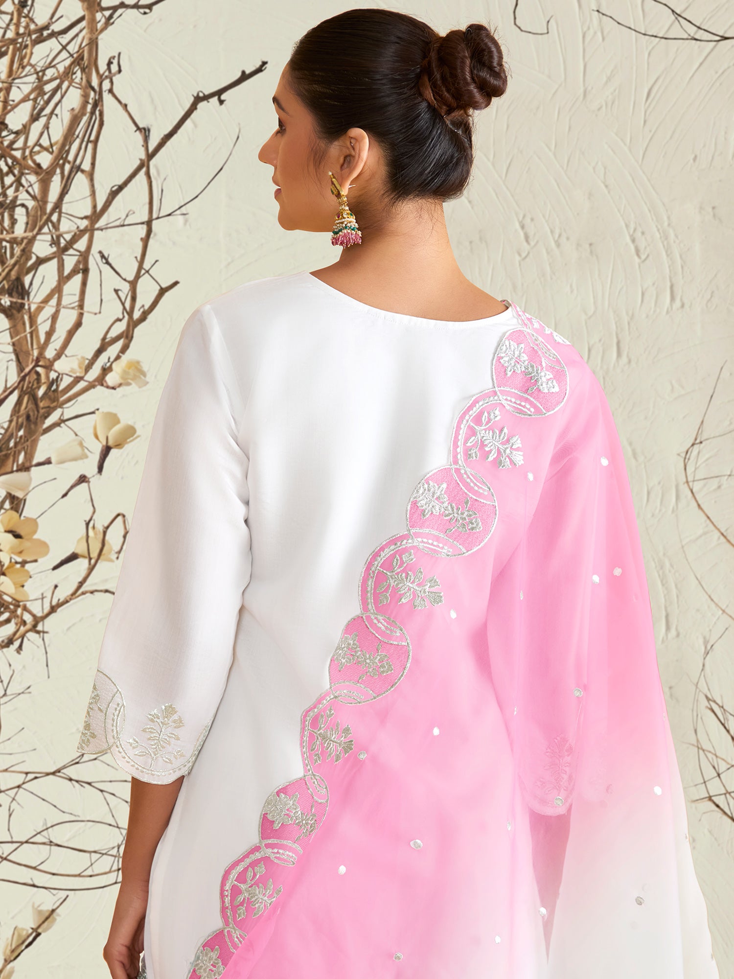 White Straight Embroidered Kurta Trousers With Dupatta Set