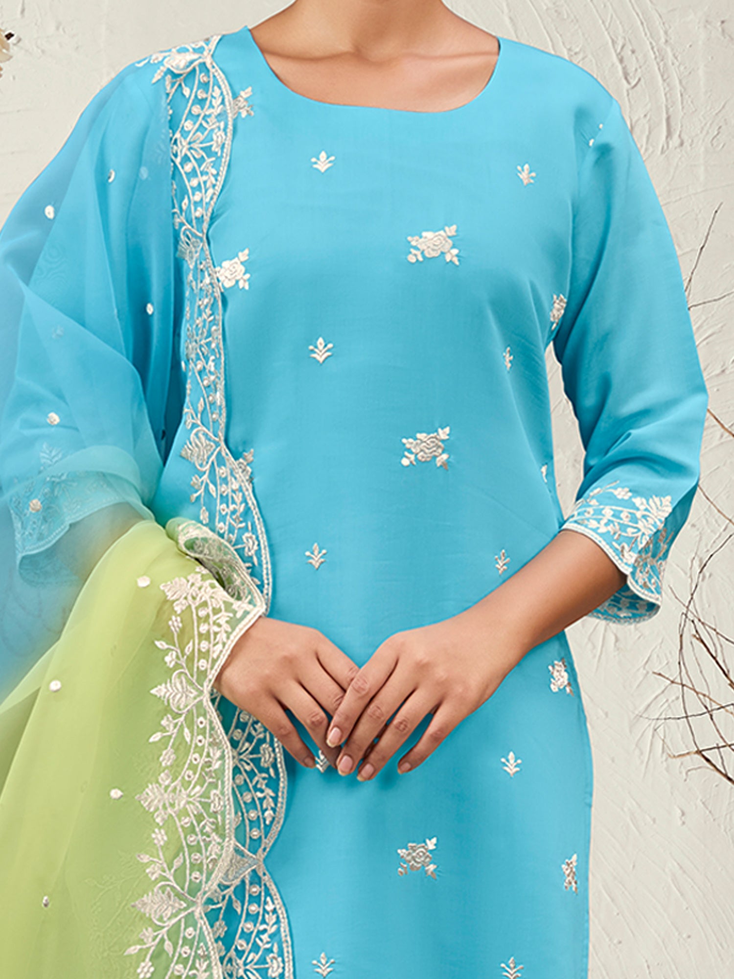 Blue Straight Embroidered Kurta Trousers With Dupatta Set