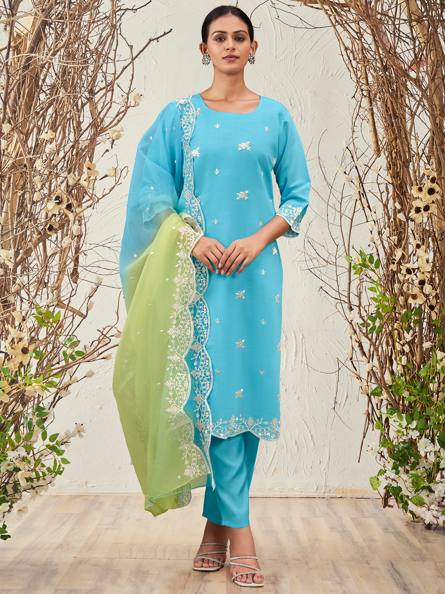 Blue Straight Embroidered Kurta Trousers With Dupatta Set