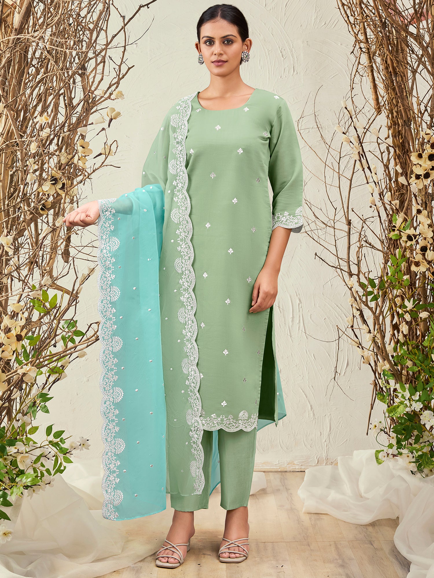 Sea Green Straight Embroidered Kurta Trousers With Dupatta Set