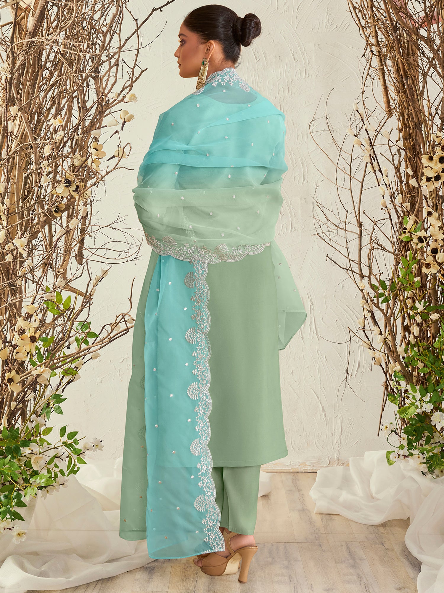 Sea Green Straight Embroidered Kurta Trousers With Dupatta Set