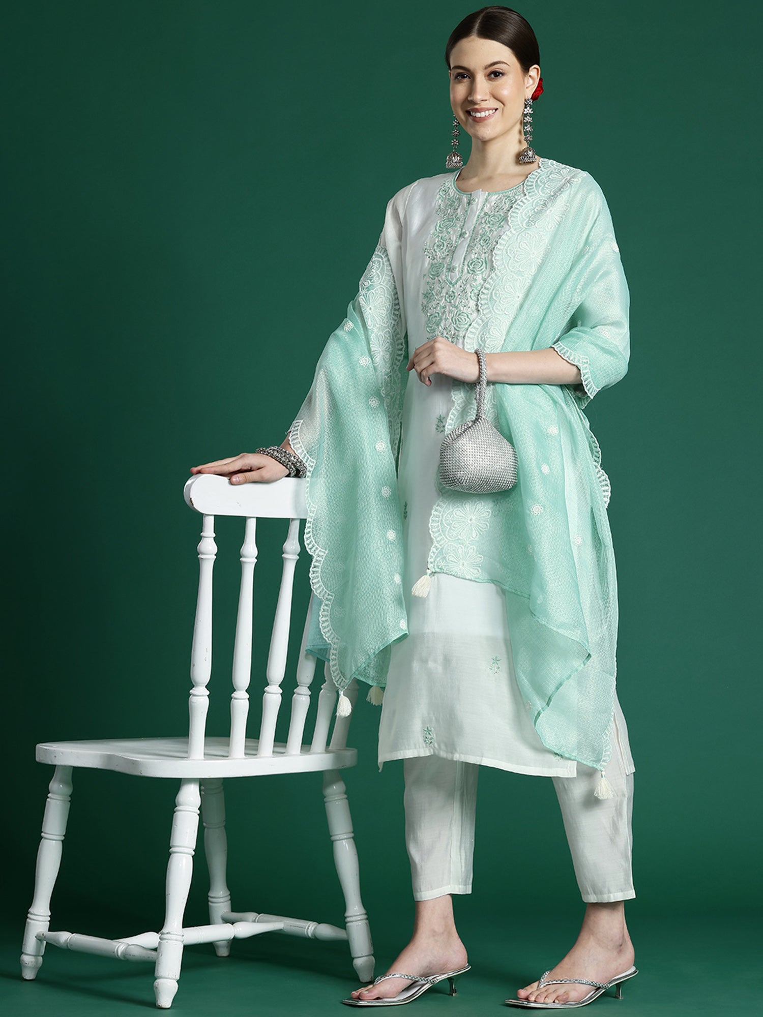 White Embroidered Straight Kurta Trousers With Dupatta Set