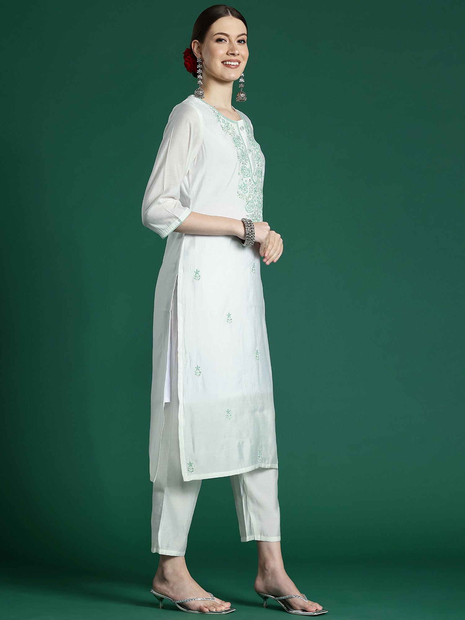 White Embroidered Straight Kurta Trousers With Dupatta Set