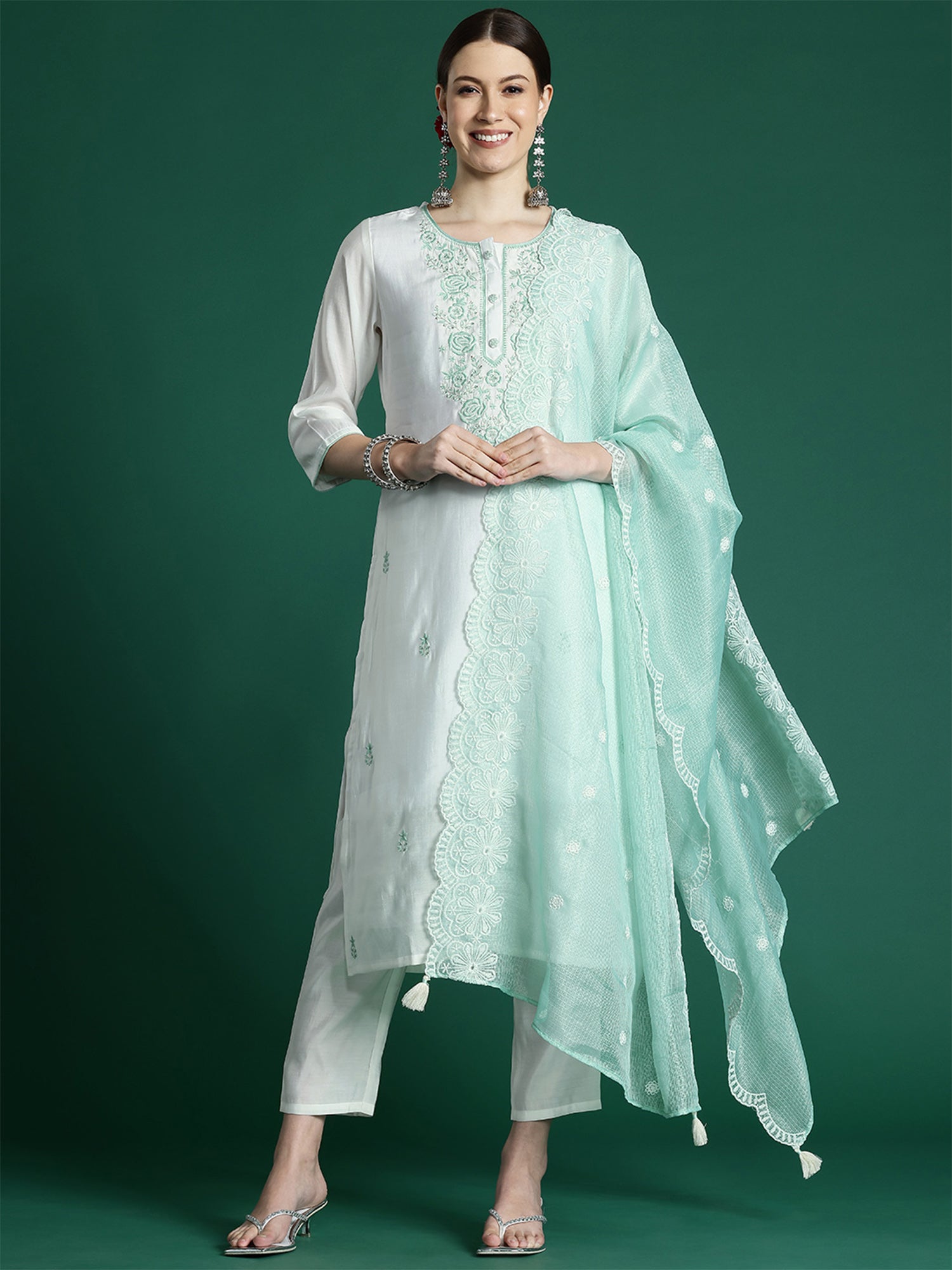 White Embroidered Straight Kurta Trousers With Dupatta Set