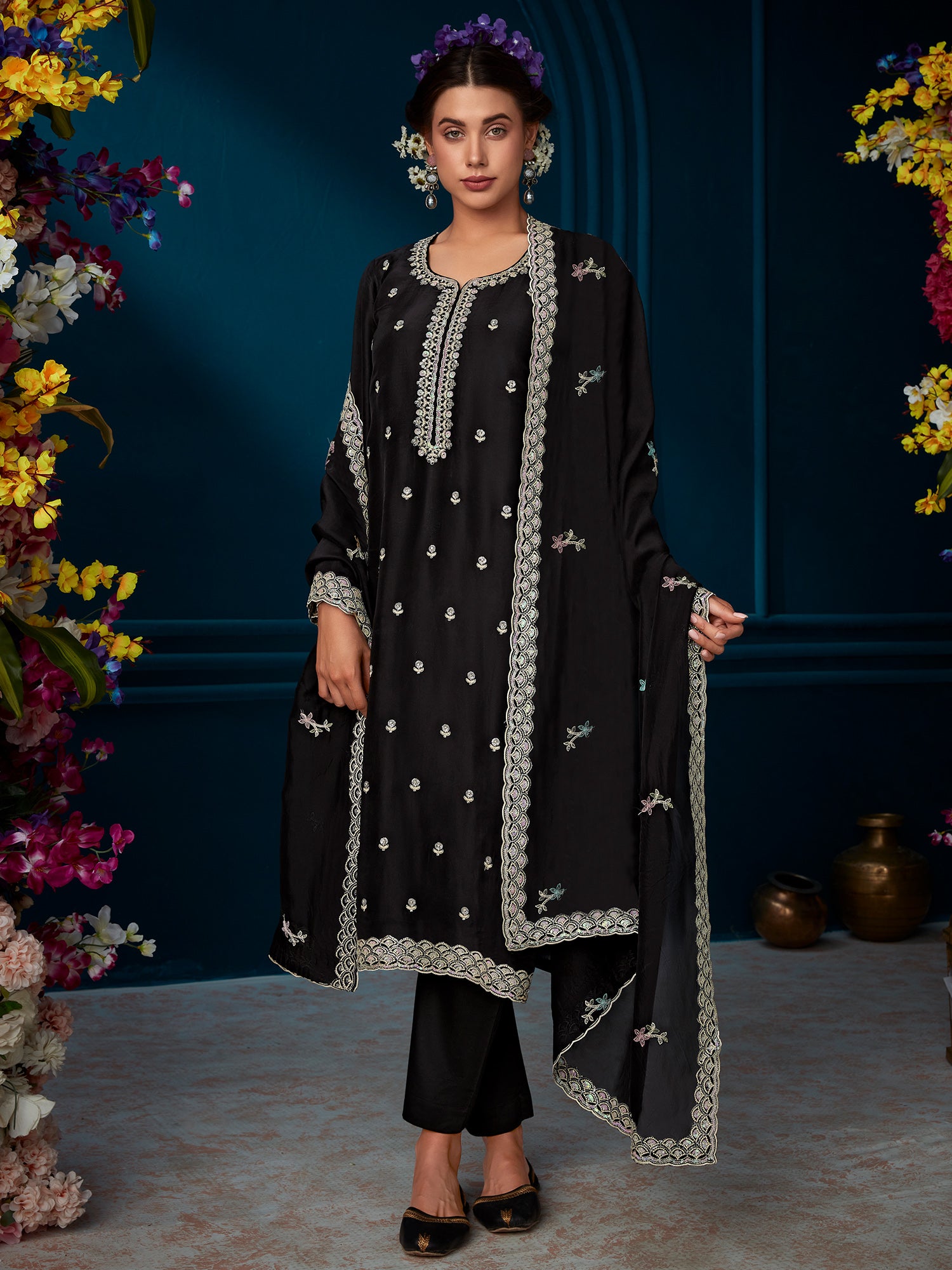 Black Straight Embroidered Kurta Trousers With Dupatta Set