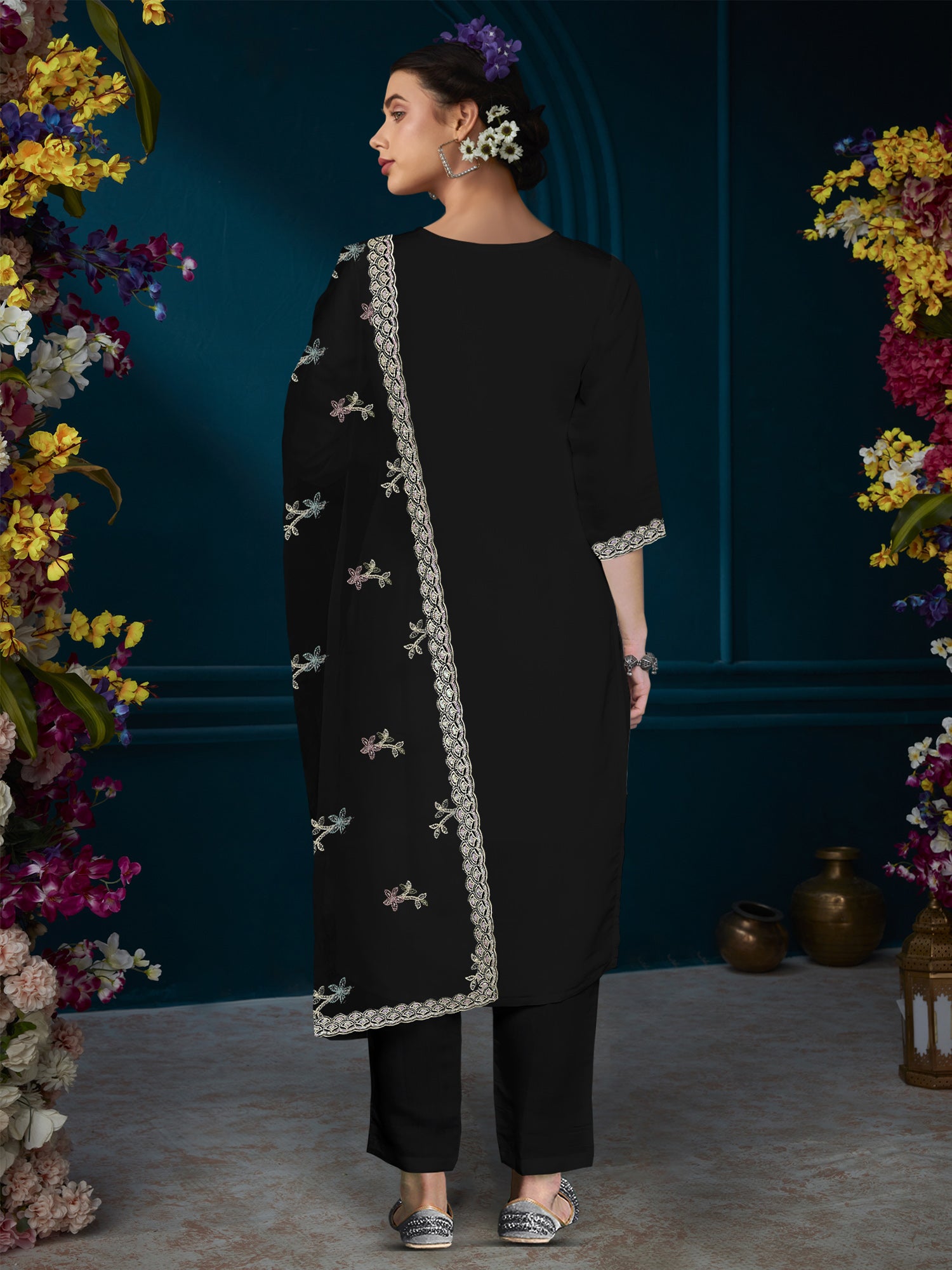 Black Straight Embroidered Kurta Trousers With Dupatta Set