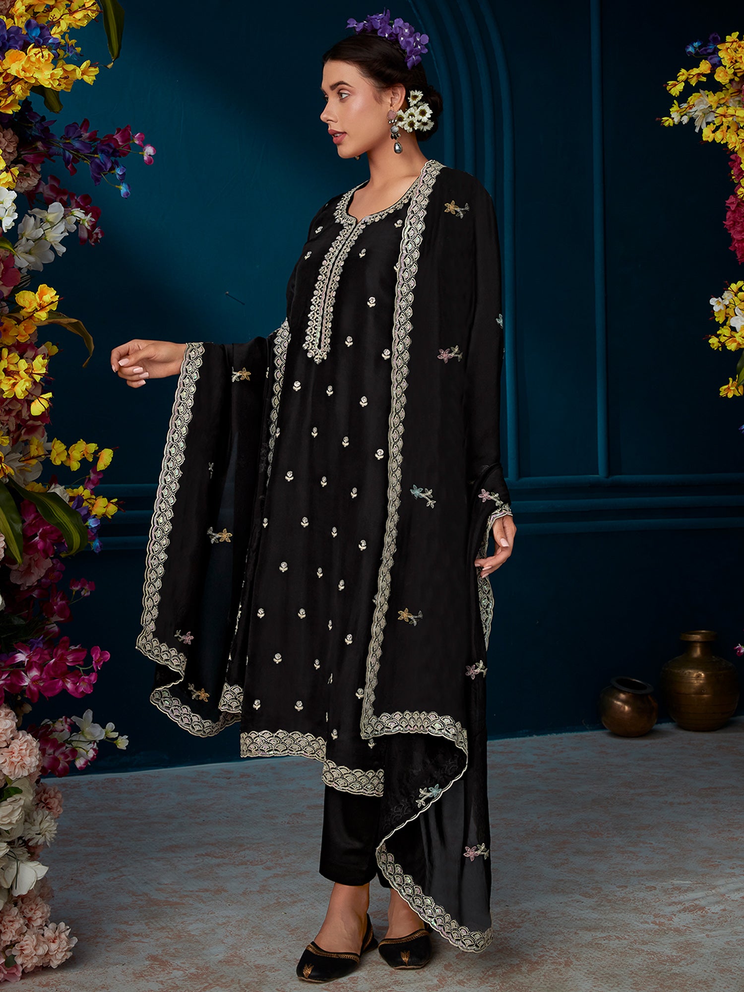 Black Straight Embroidered Kurta Trousers With Dupatta Set