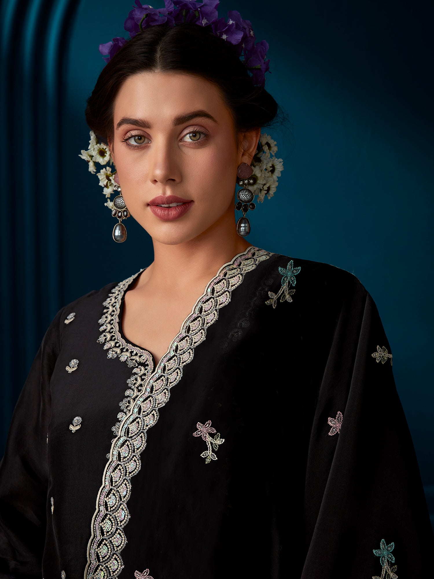 Black Straight Embroidered Kurta Trousers With Dupatta Set