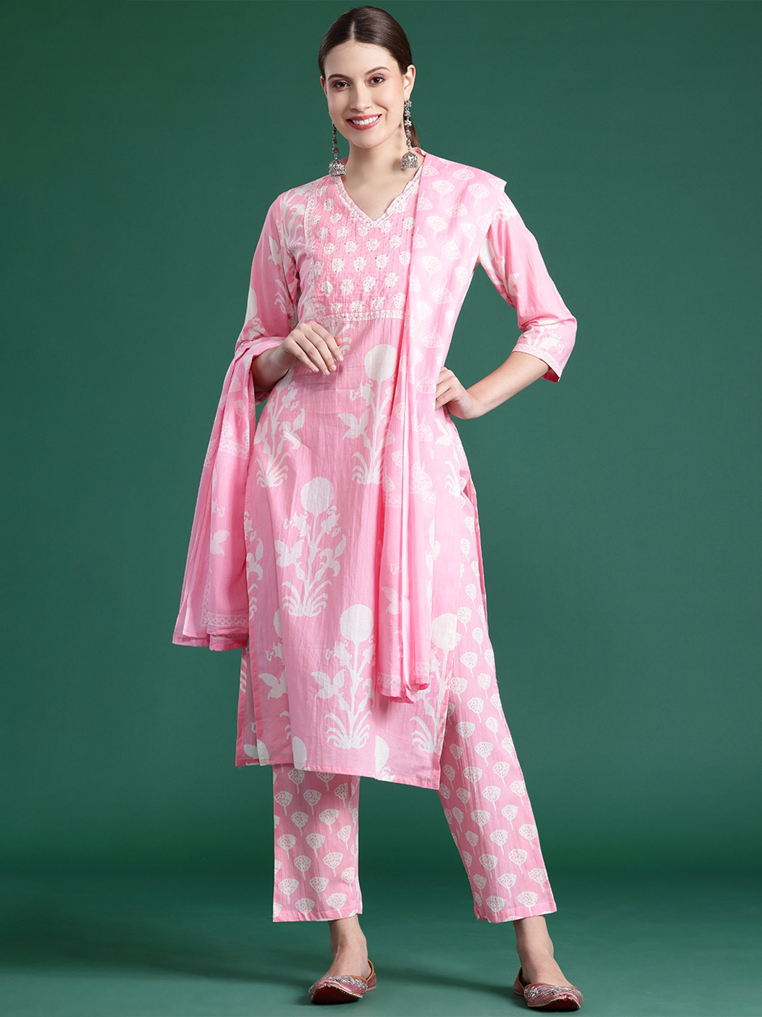 Pink Printed Straight Kurta Trousers With Dupatta Set