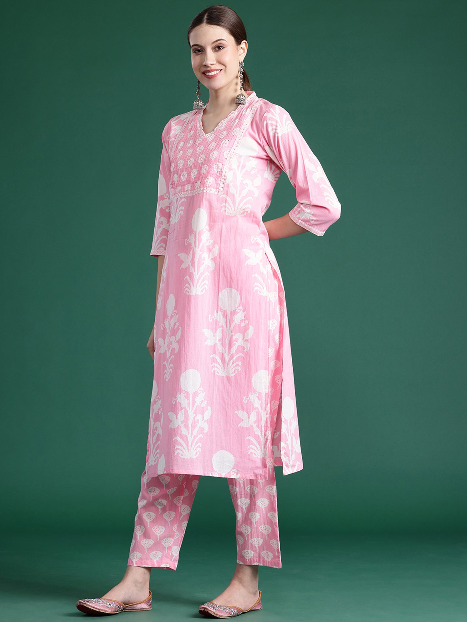 Pink Printed Straight Kurta Trousers With Dupatta Set