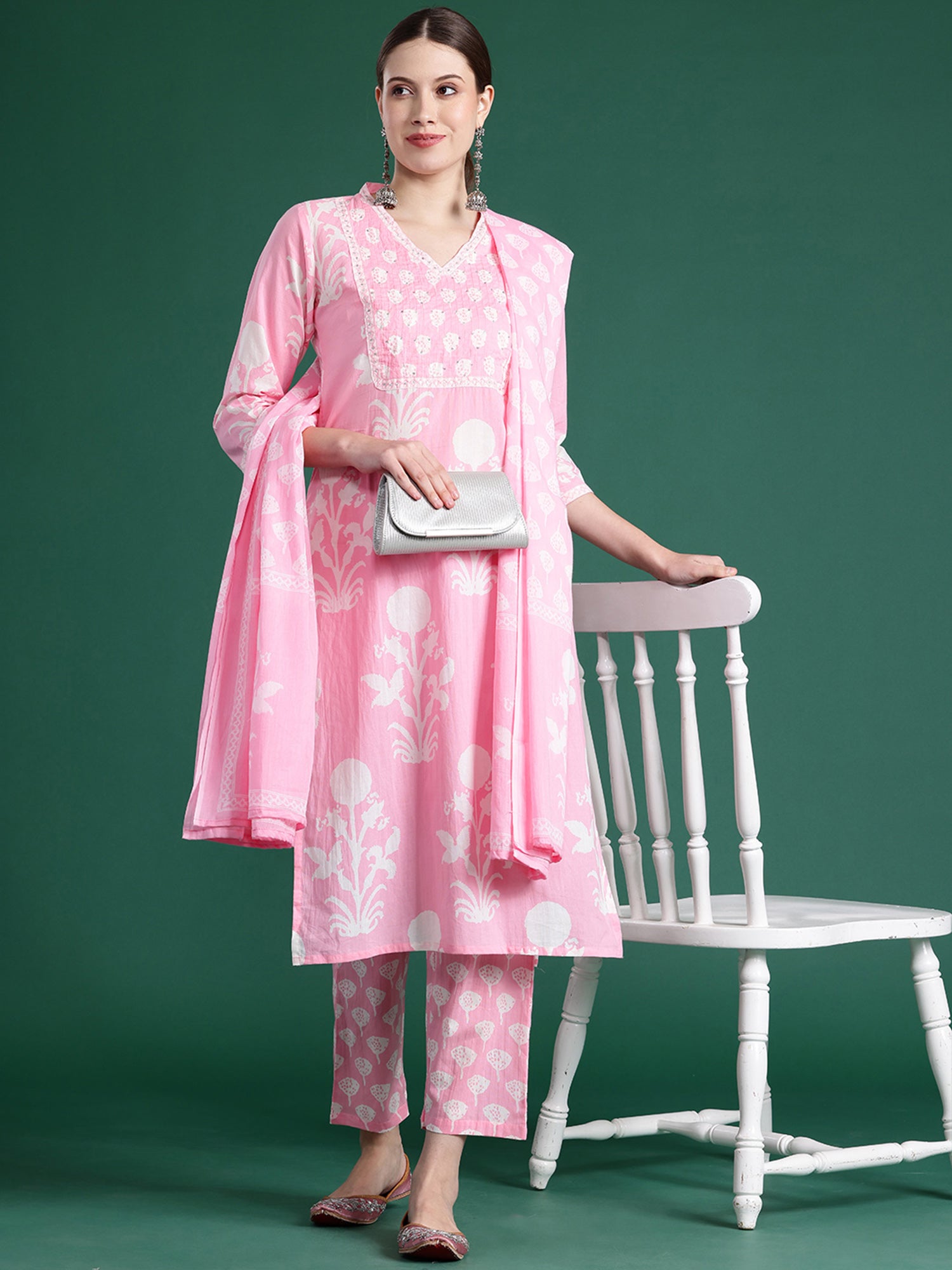 Pink Printed Straight Kurta Trousers With Dupatta Set