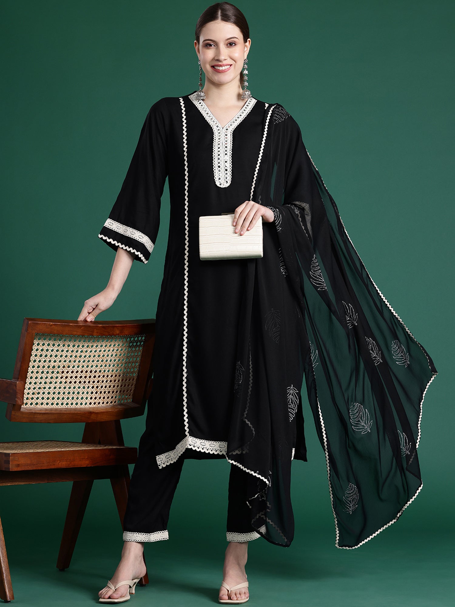 Black Embroidered Straight Kurta Trousers With Dupatta Set