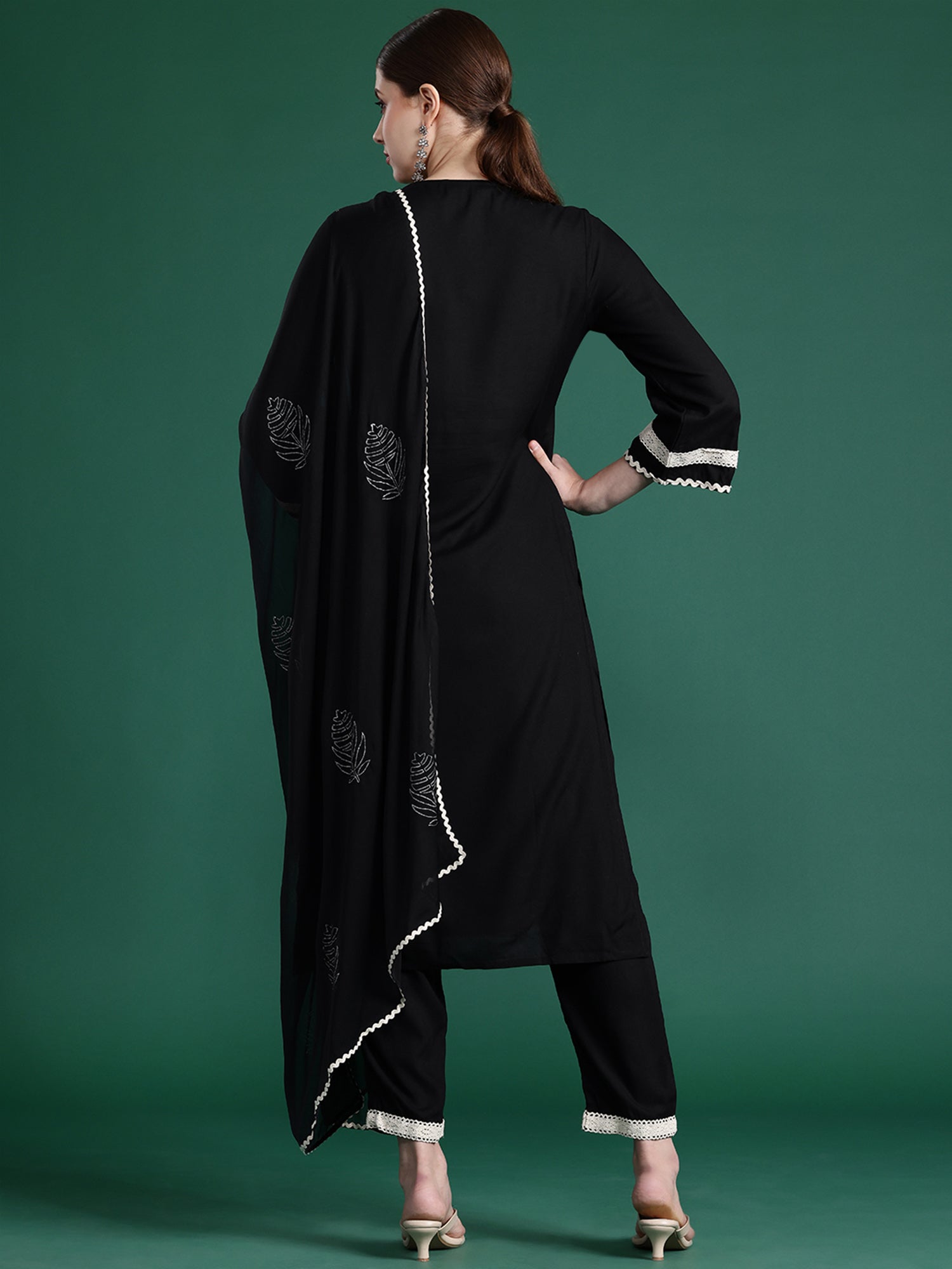 Black Embroidered Straight Kurta Trousers With Dupatta Set