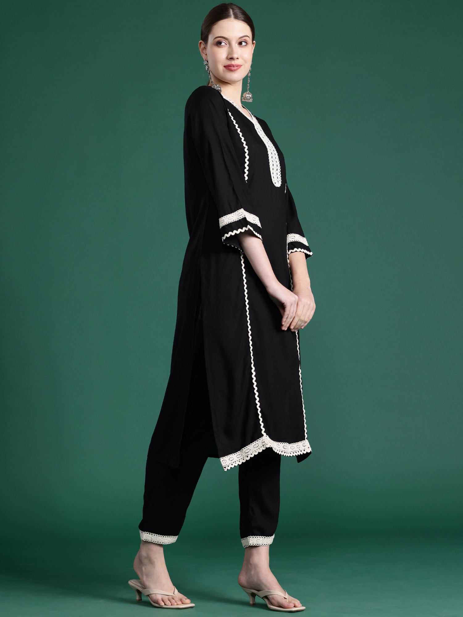 Black Embroidered Straight Kurta Trousers With Dupatta Set