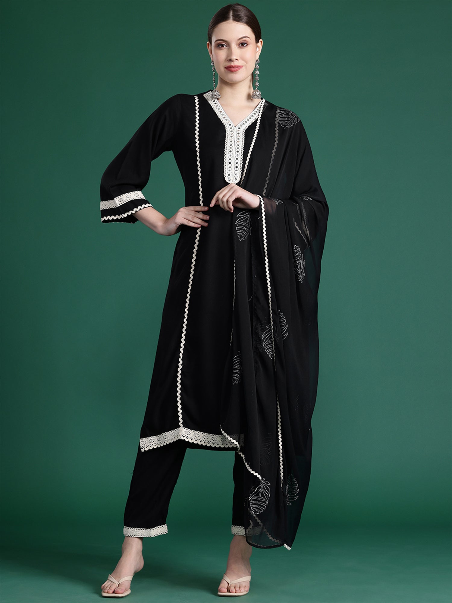 Black Embroidered Straight Kurta Trousers With Dupatta Set