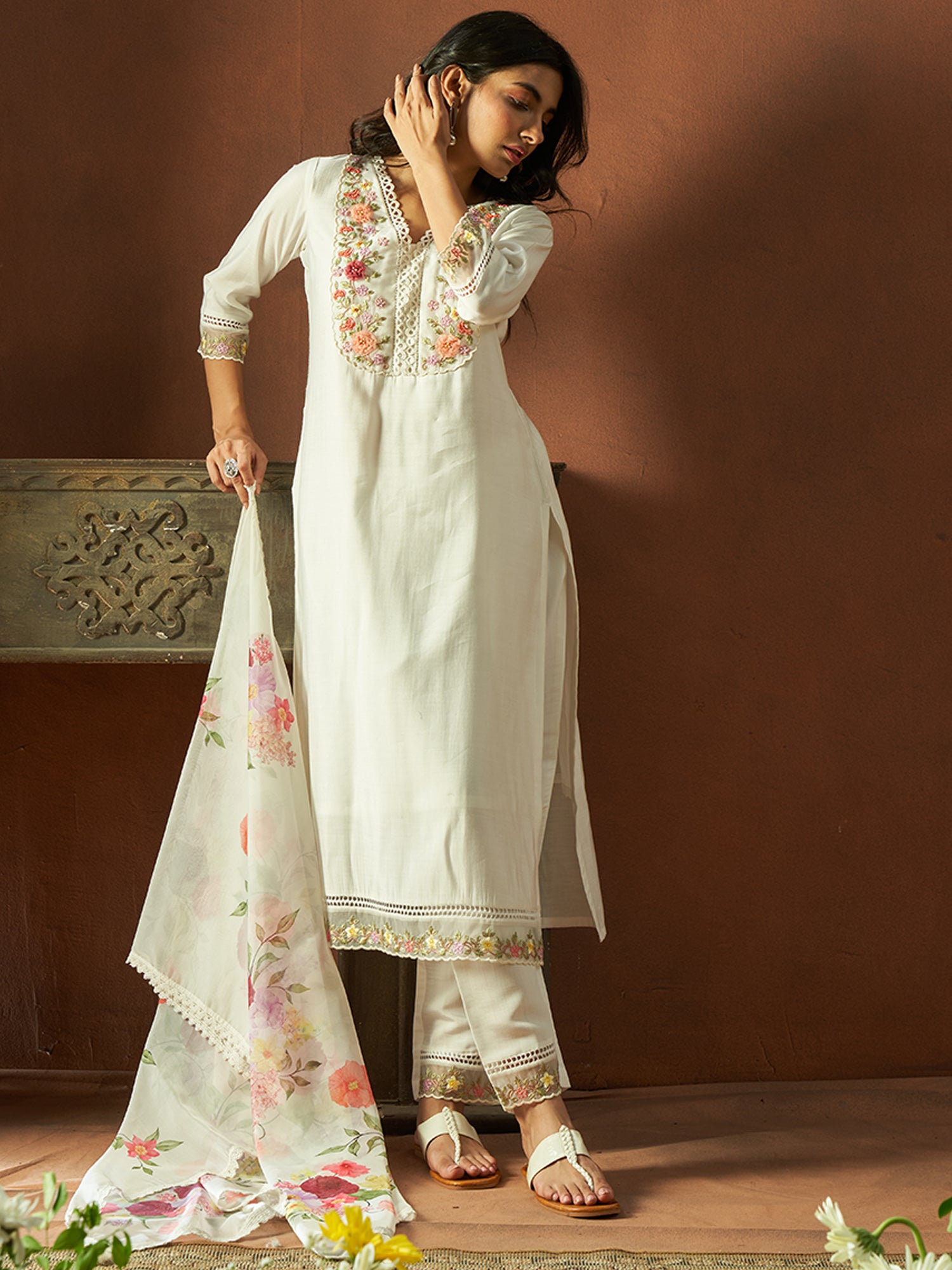 White Embroidered Straight Kurta Trousers With Dupatta Set