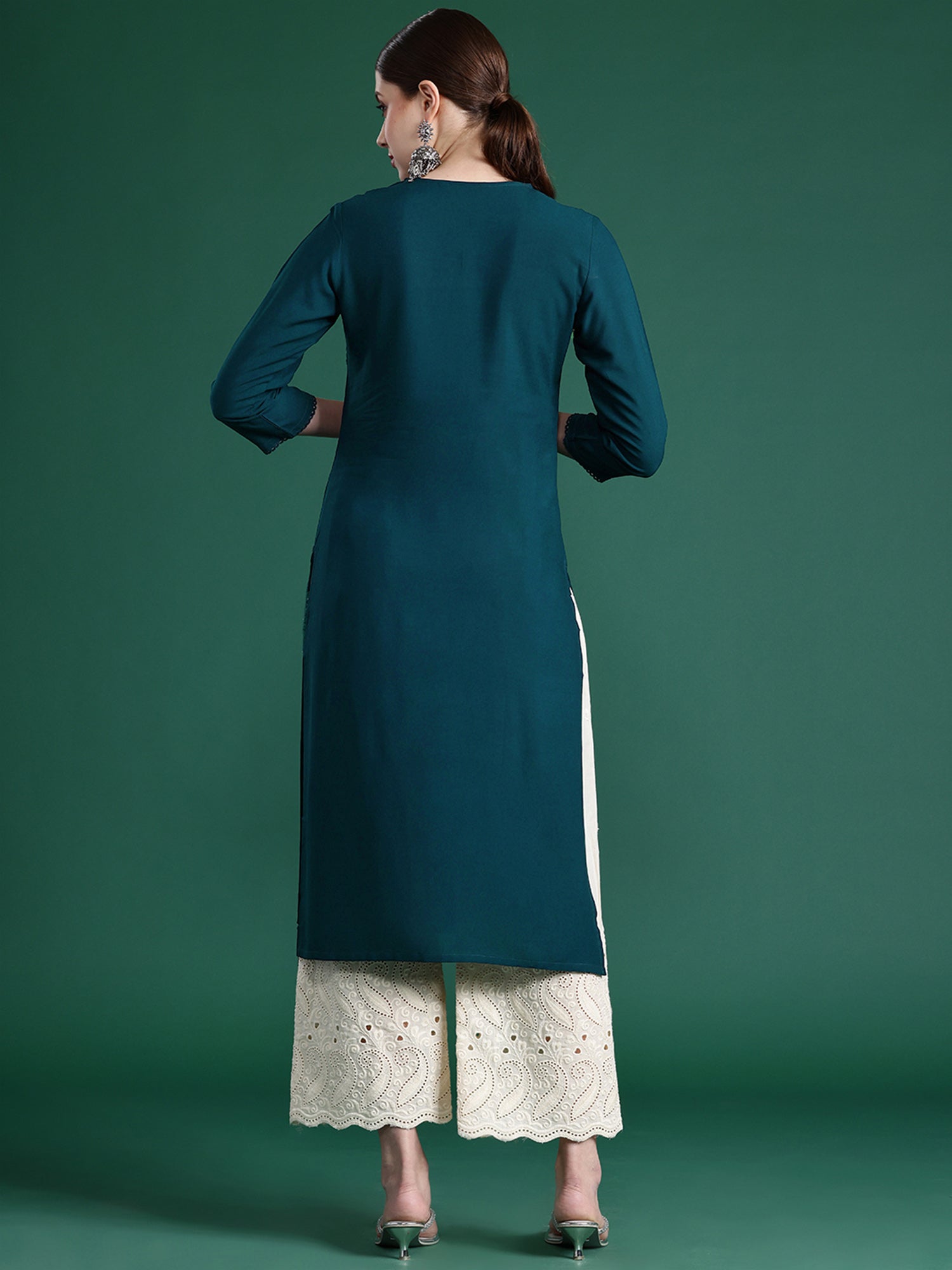 Teal Embroidered Straight Kurtas