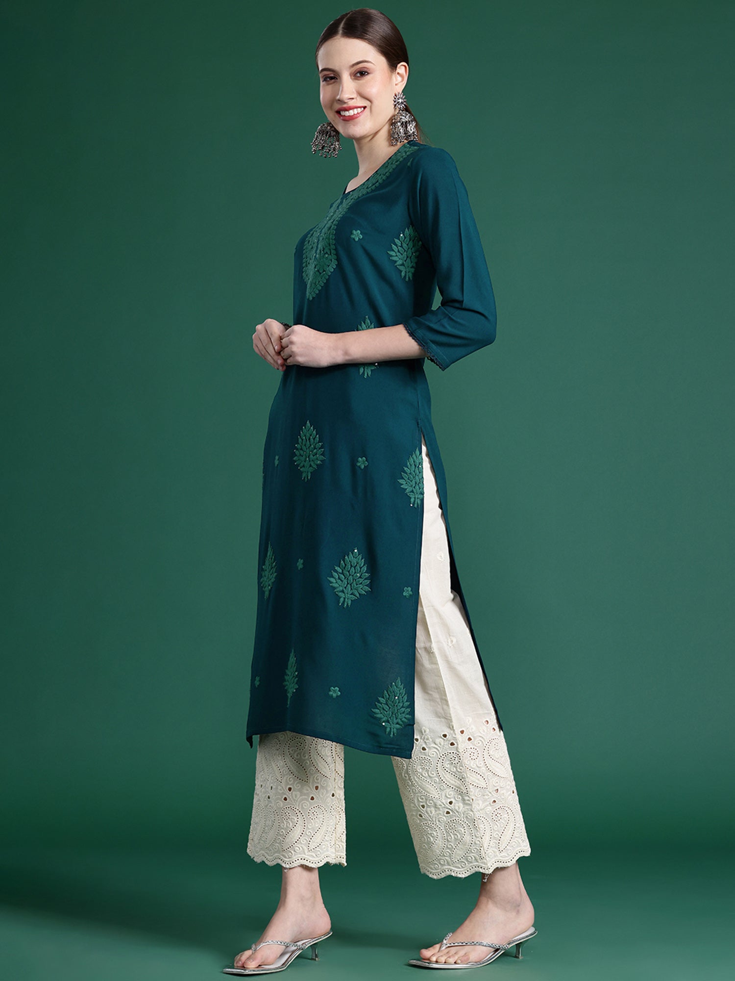 Teal Embroidered Straight Kurtas