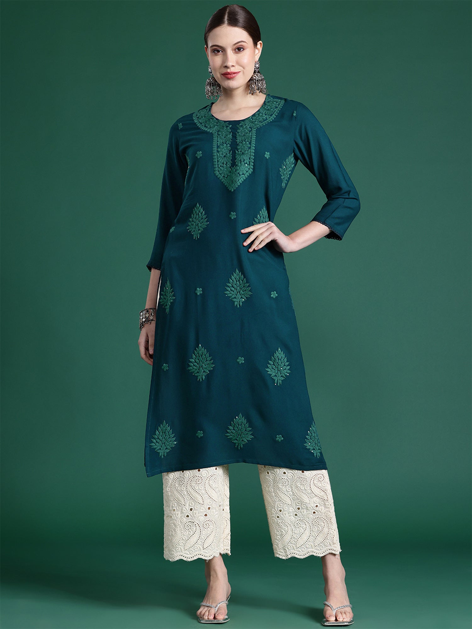 Teal Embroidered Straight Kurtas