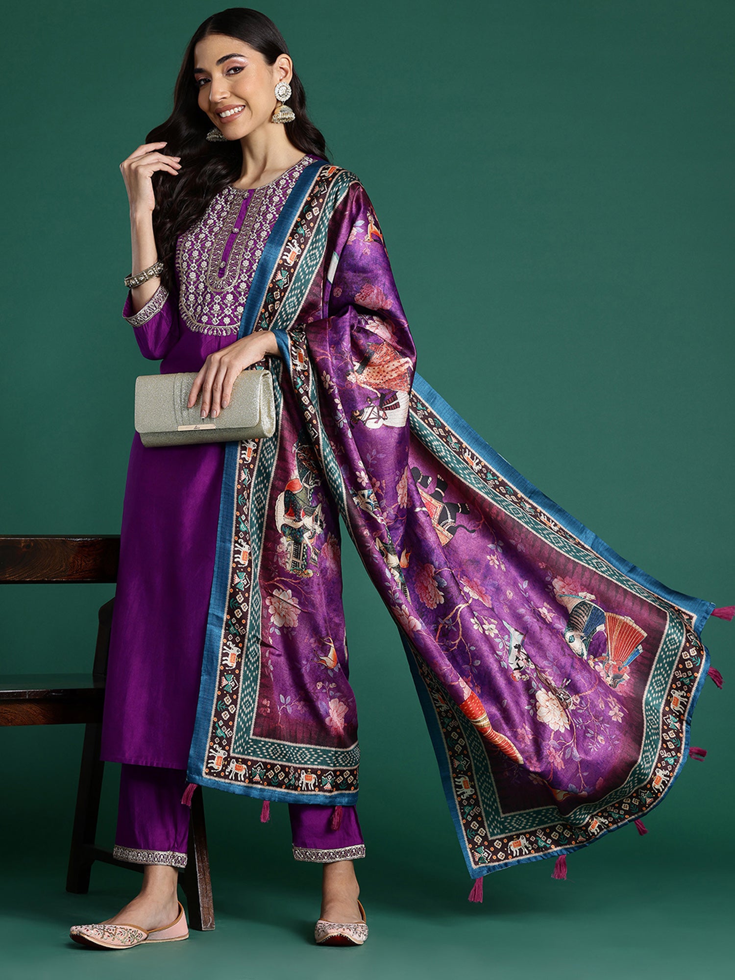 Purple Embroidered Straight Kurta Trousers With Dupatta set