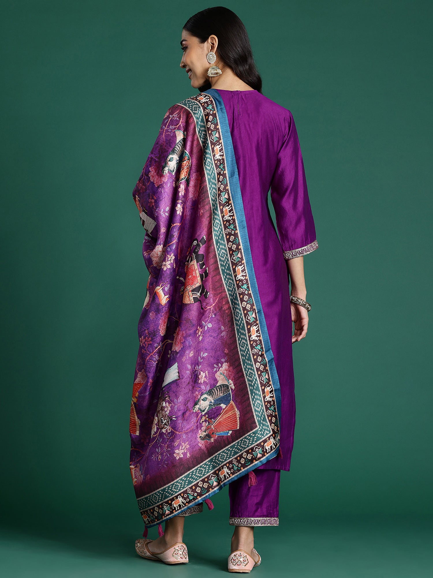 Purple Embroidered Straight Kurta Trousers With Dupatta set