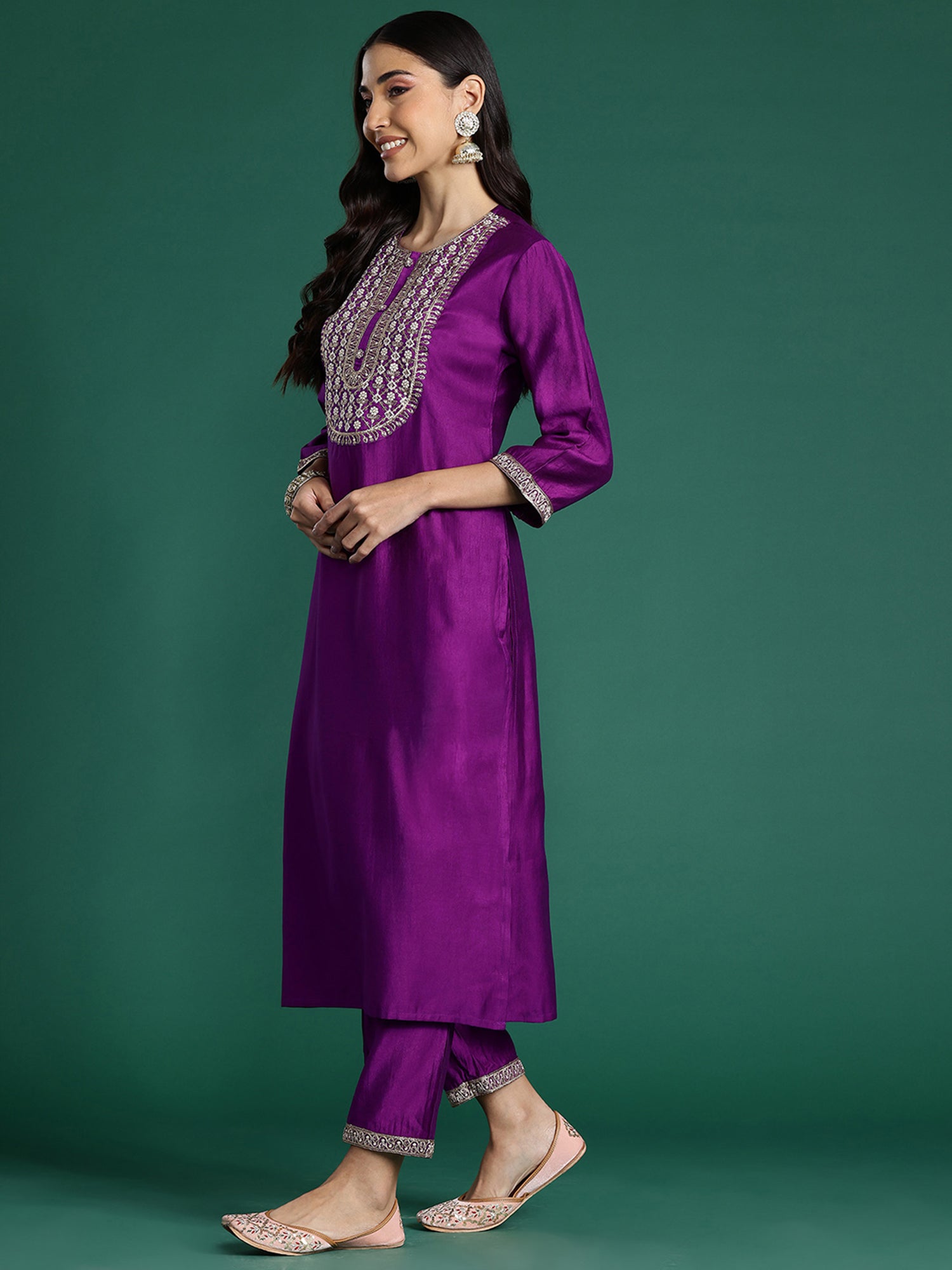 Purple Embroidered Straight Kurta Trousers With Dupatta set