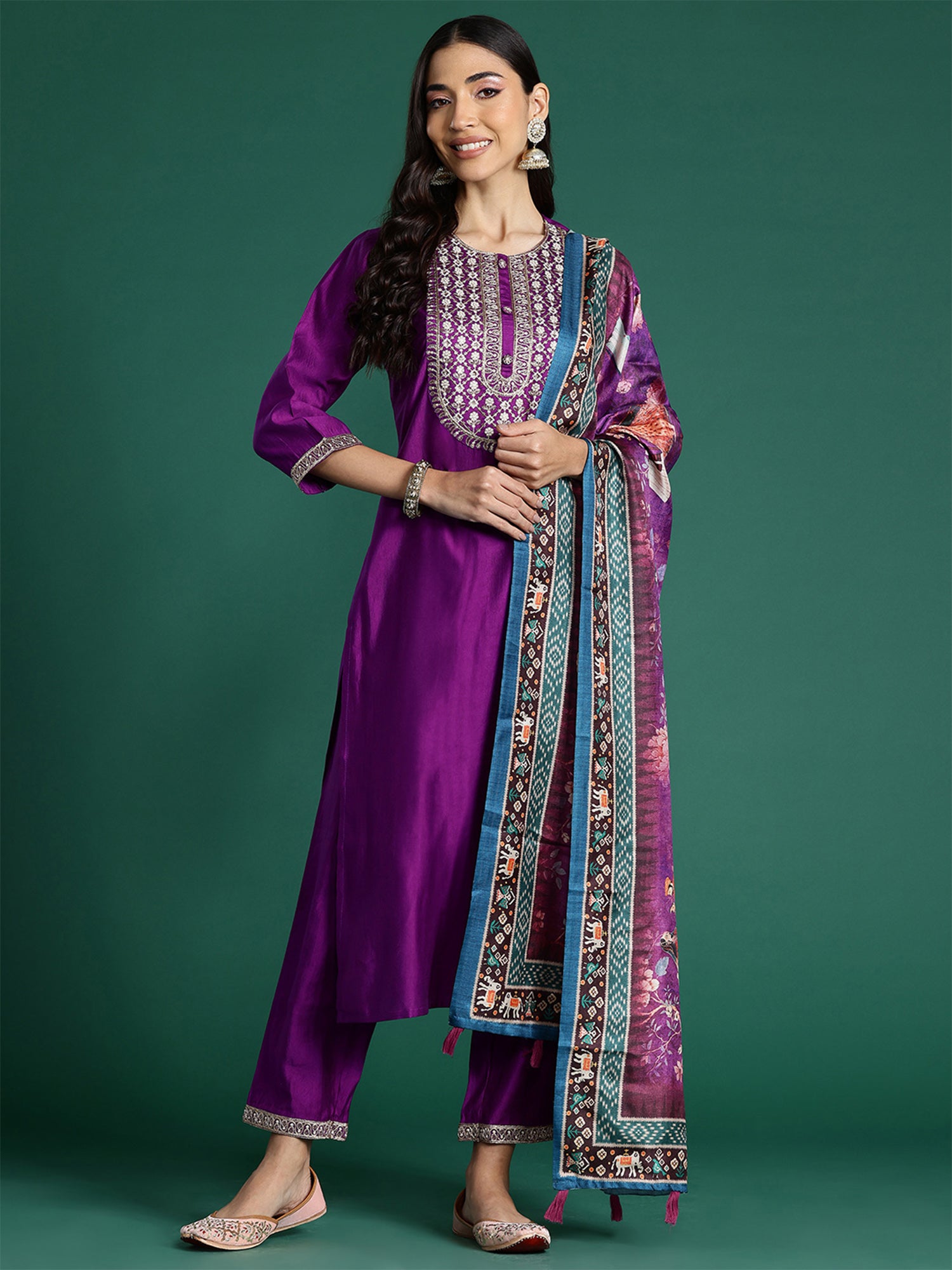 Purple Embroidered Straight Kurta Trousers With Dupatta set