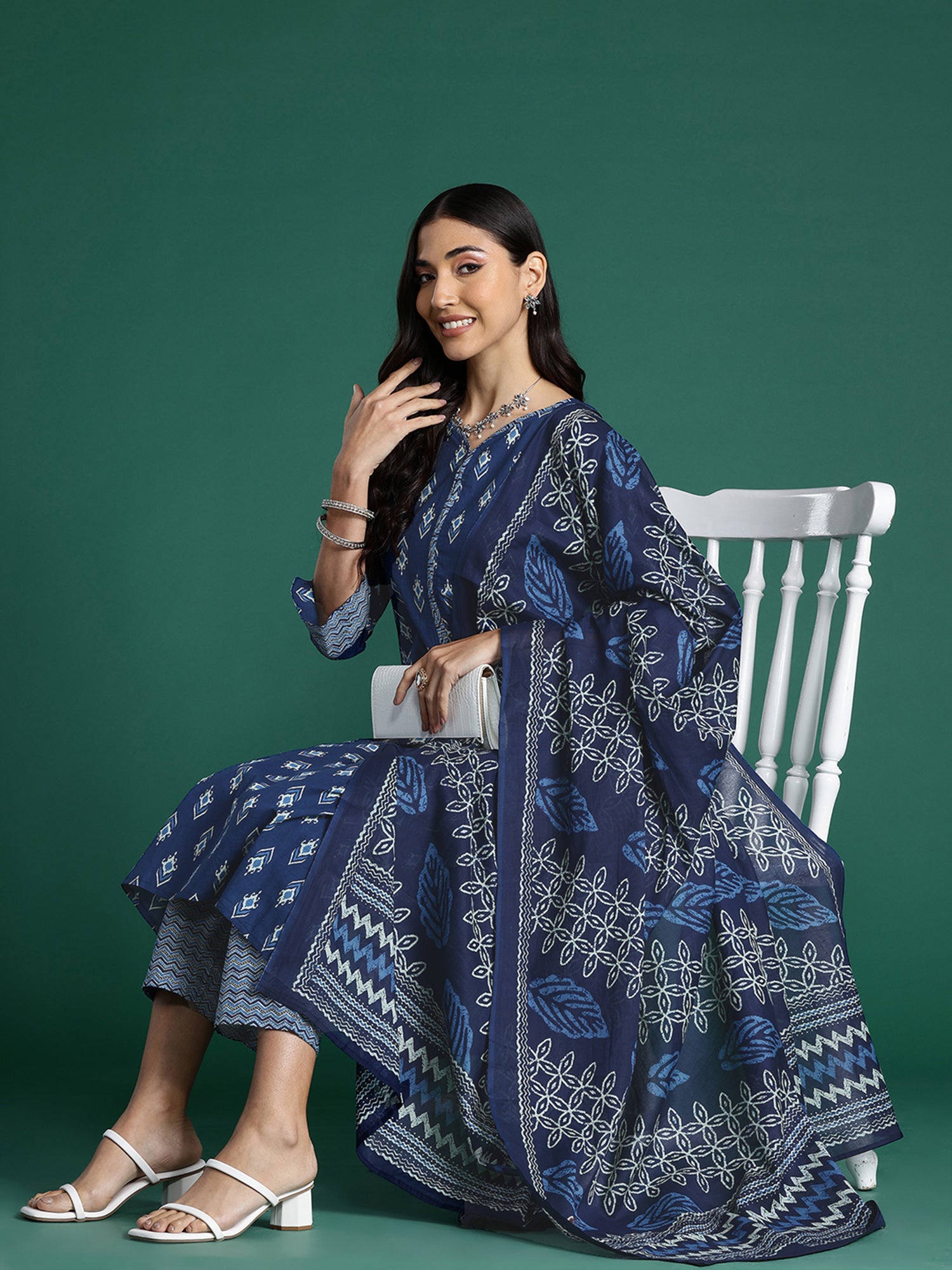 Blue Printed Straight Kurta Trousers With Dupatta Set