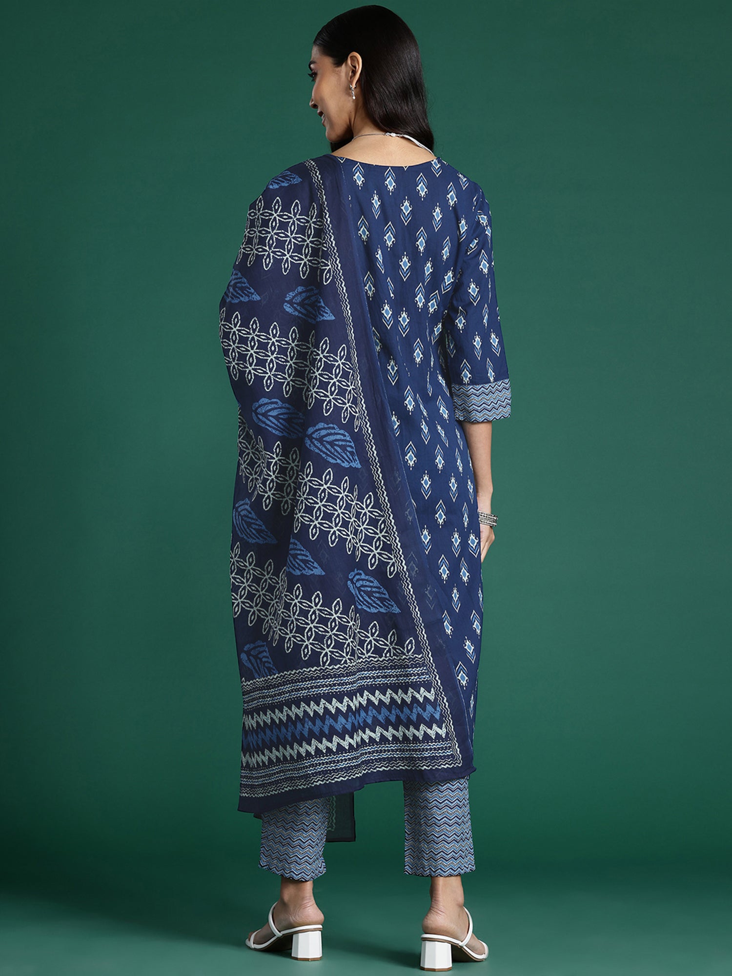 Blue Printed Straight Kurta Trousers With Dupatta Set