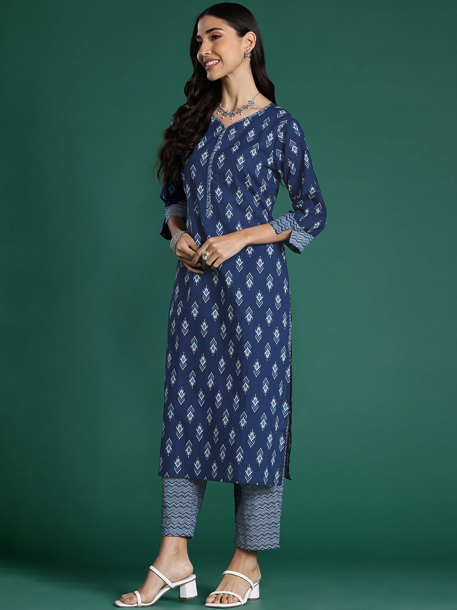 Blue Printed Straight Kurta Trousers With Dupatta Set