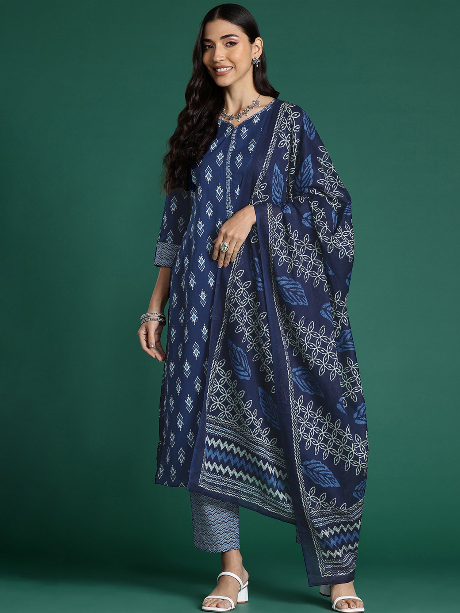 Blue Printed Straight Kurta Trousers With Dupatta Set