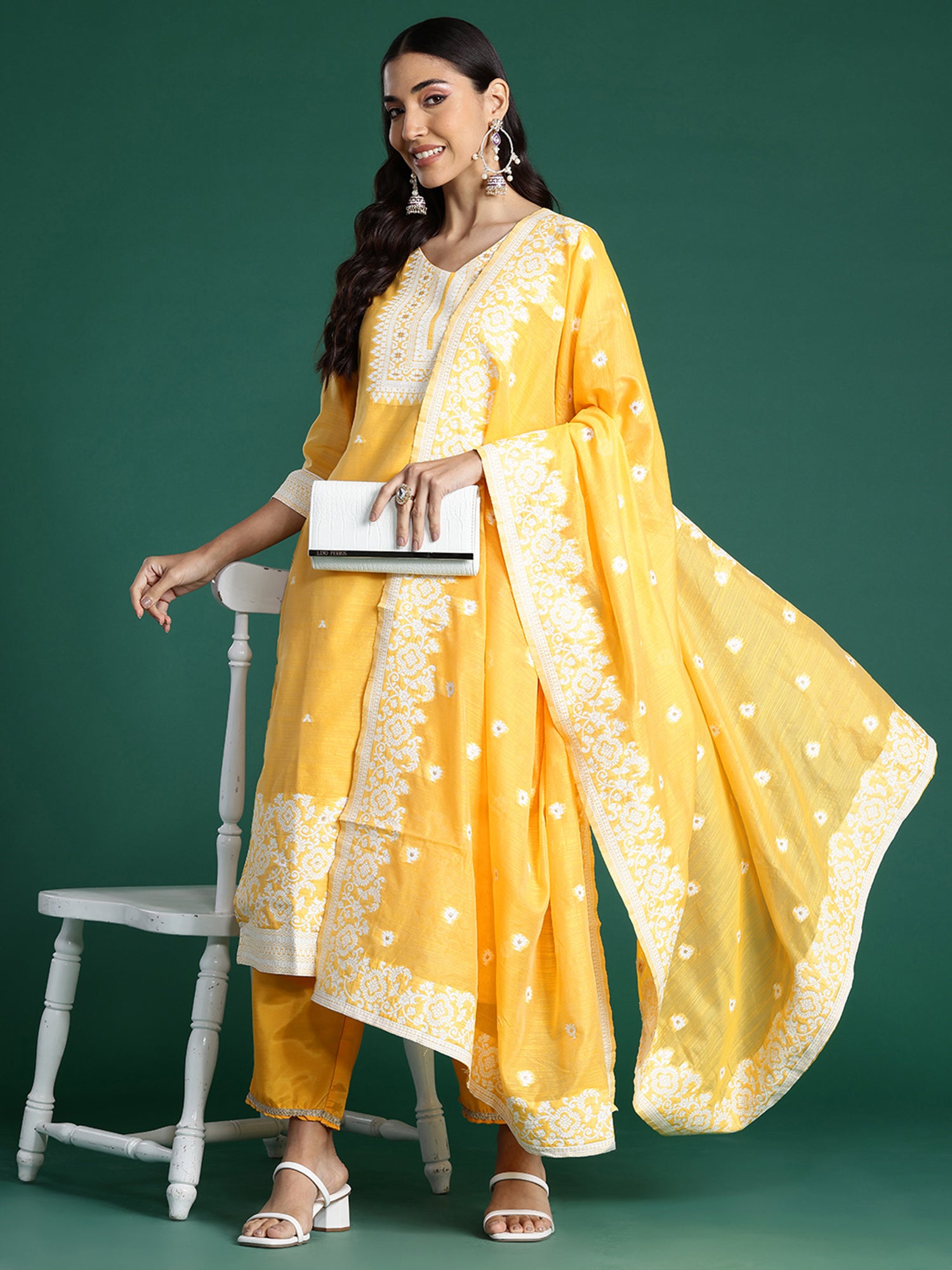 Yellow Woven Design Straight Kurta Trousers With Dupatta set