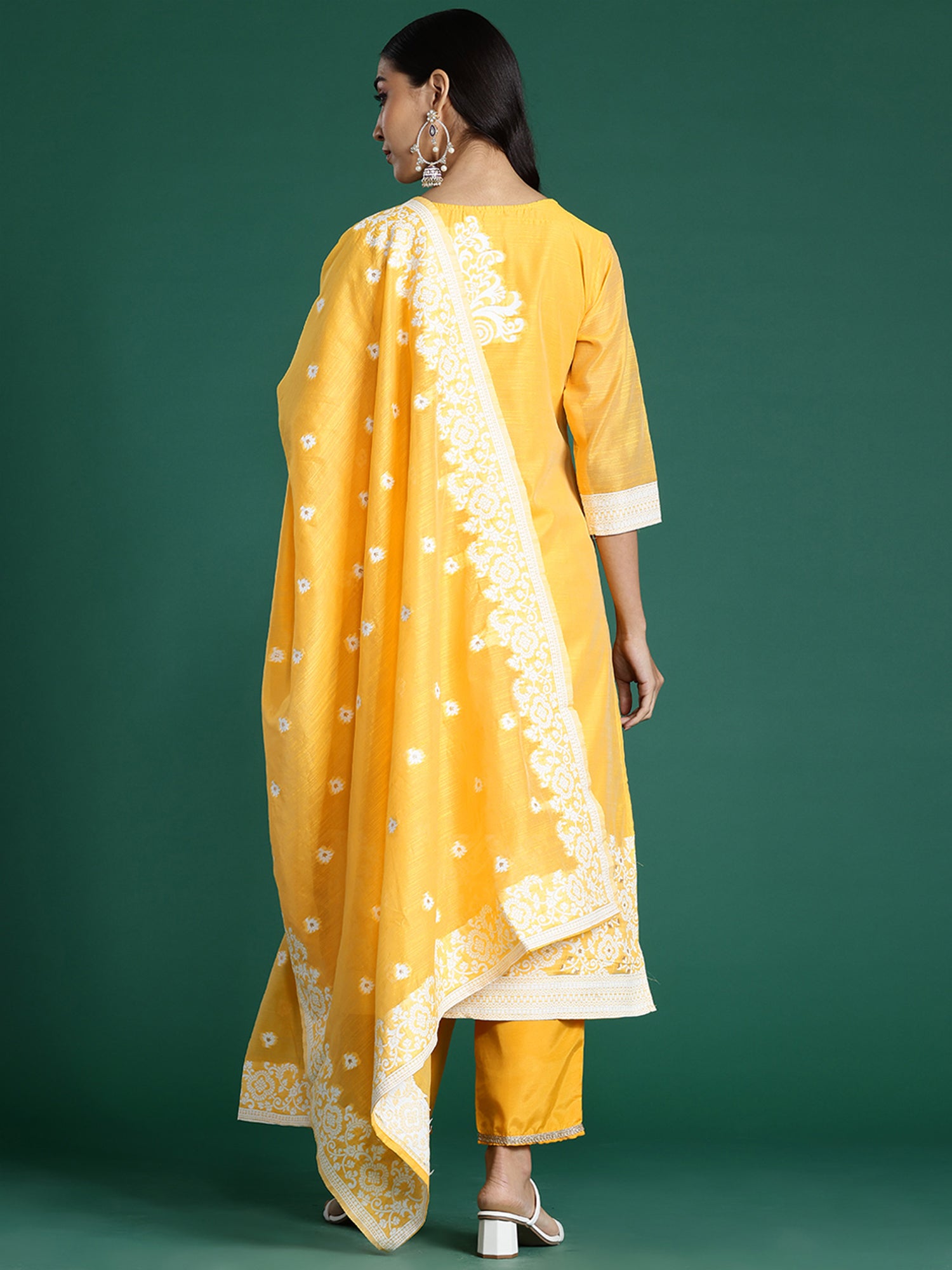 Yellow Woven Design Straight Kurta Trousers With Dupatta set