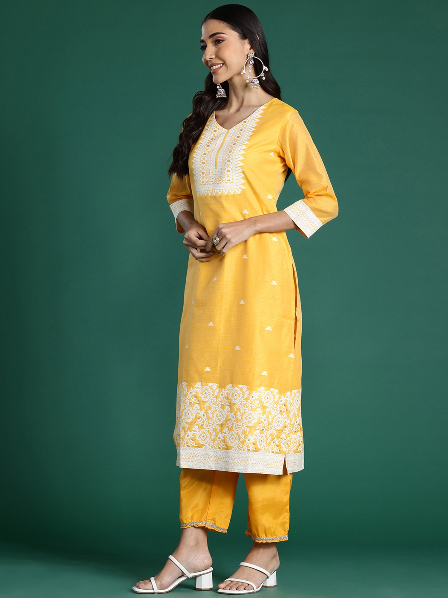 Yellow Woven Design Straight Kurta Trousers With Dupatta set