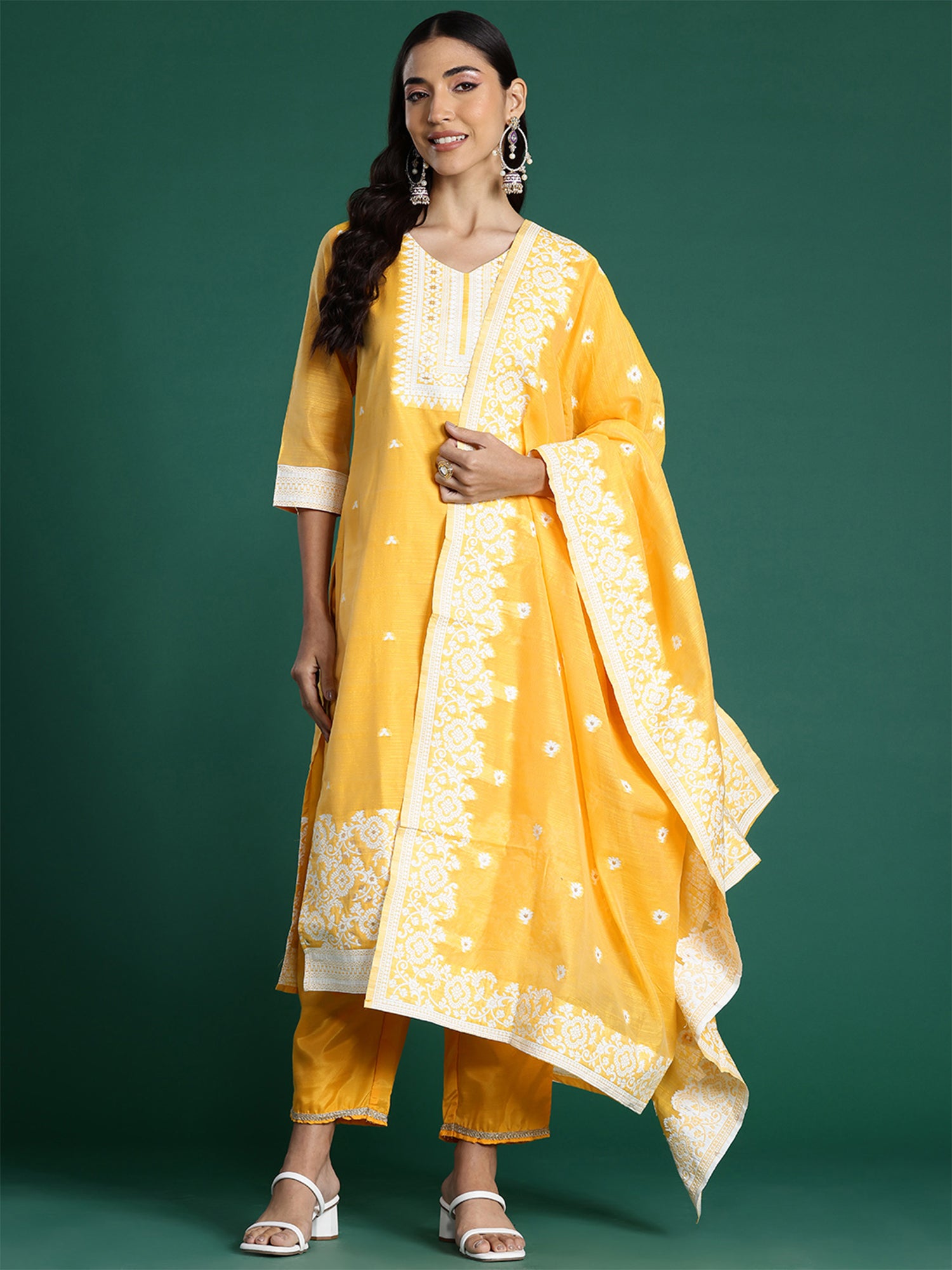 Yellow Woven Design Straight Kurta Trousers With Dupatta set