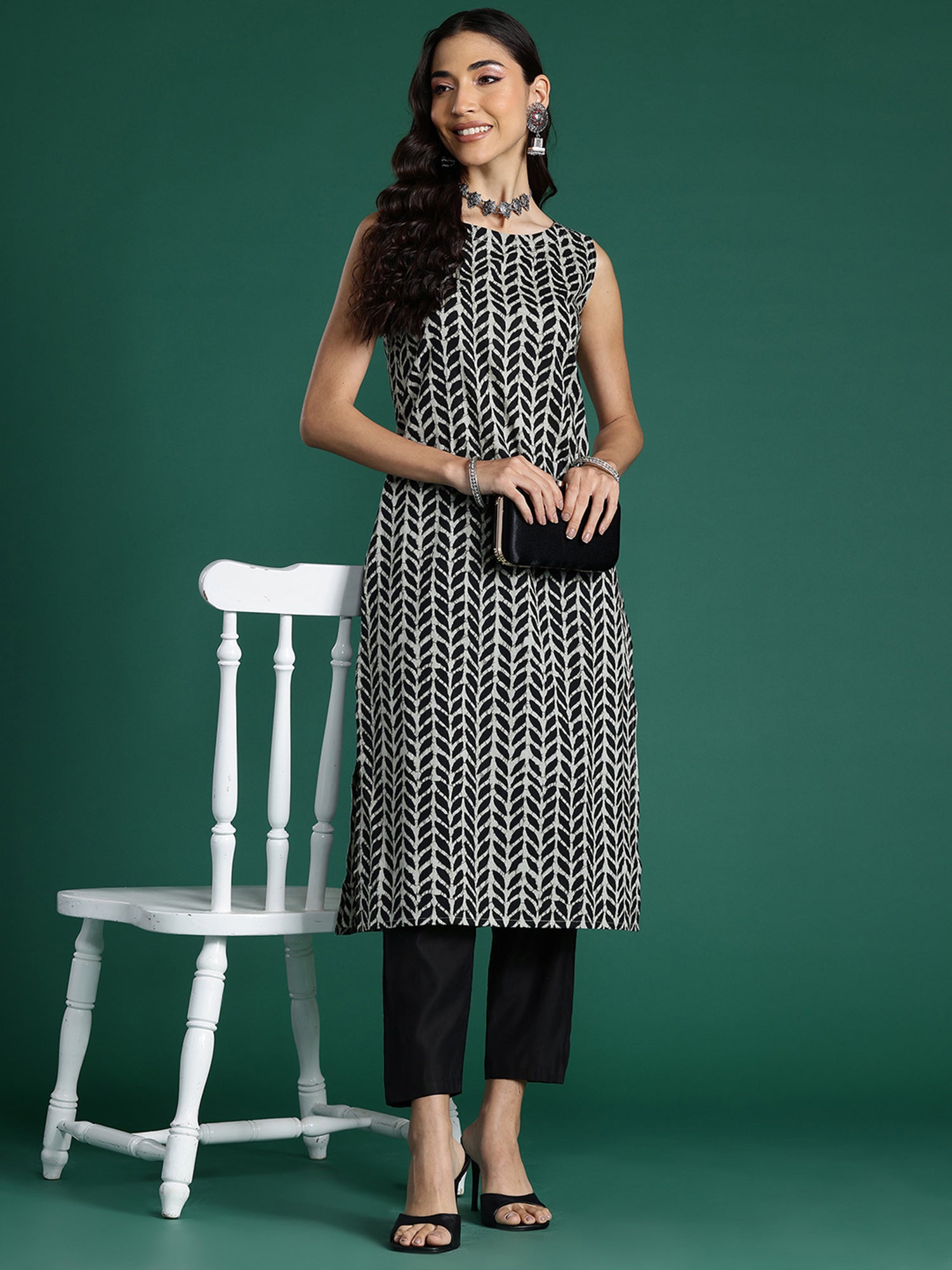 Black Printed Straight Kurtas