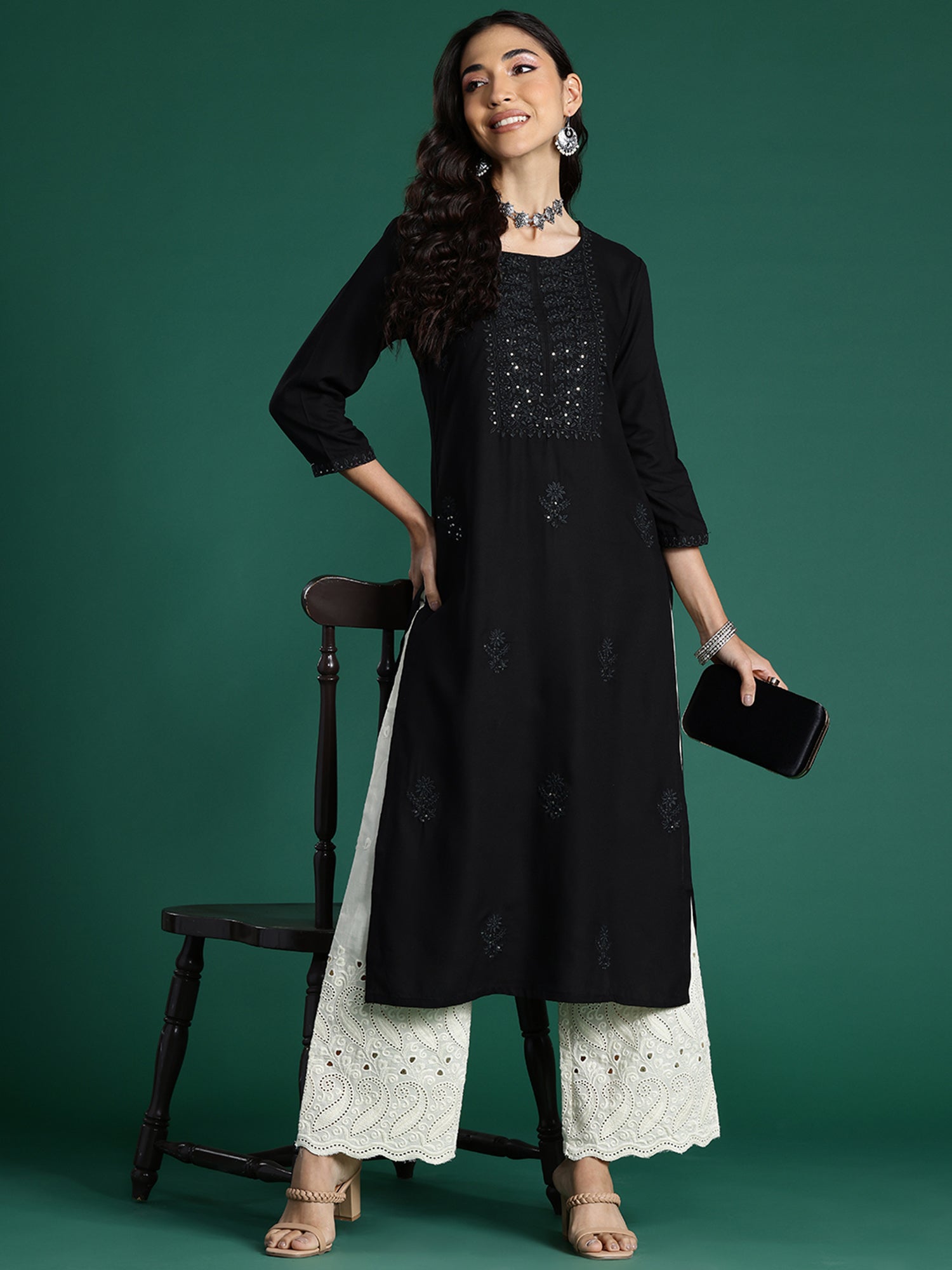 Black Embroidered Straight Kurtas