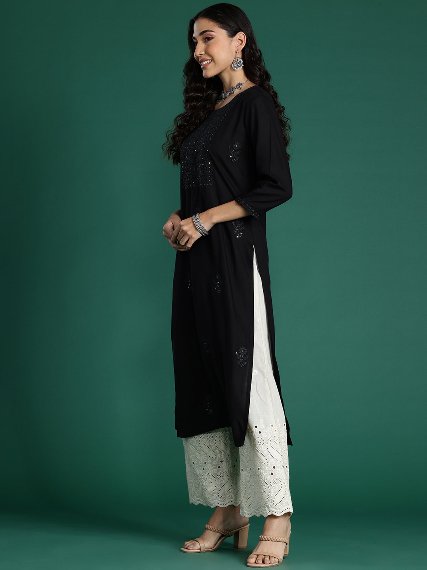 Black Embroidered Straight Kurtas