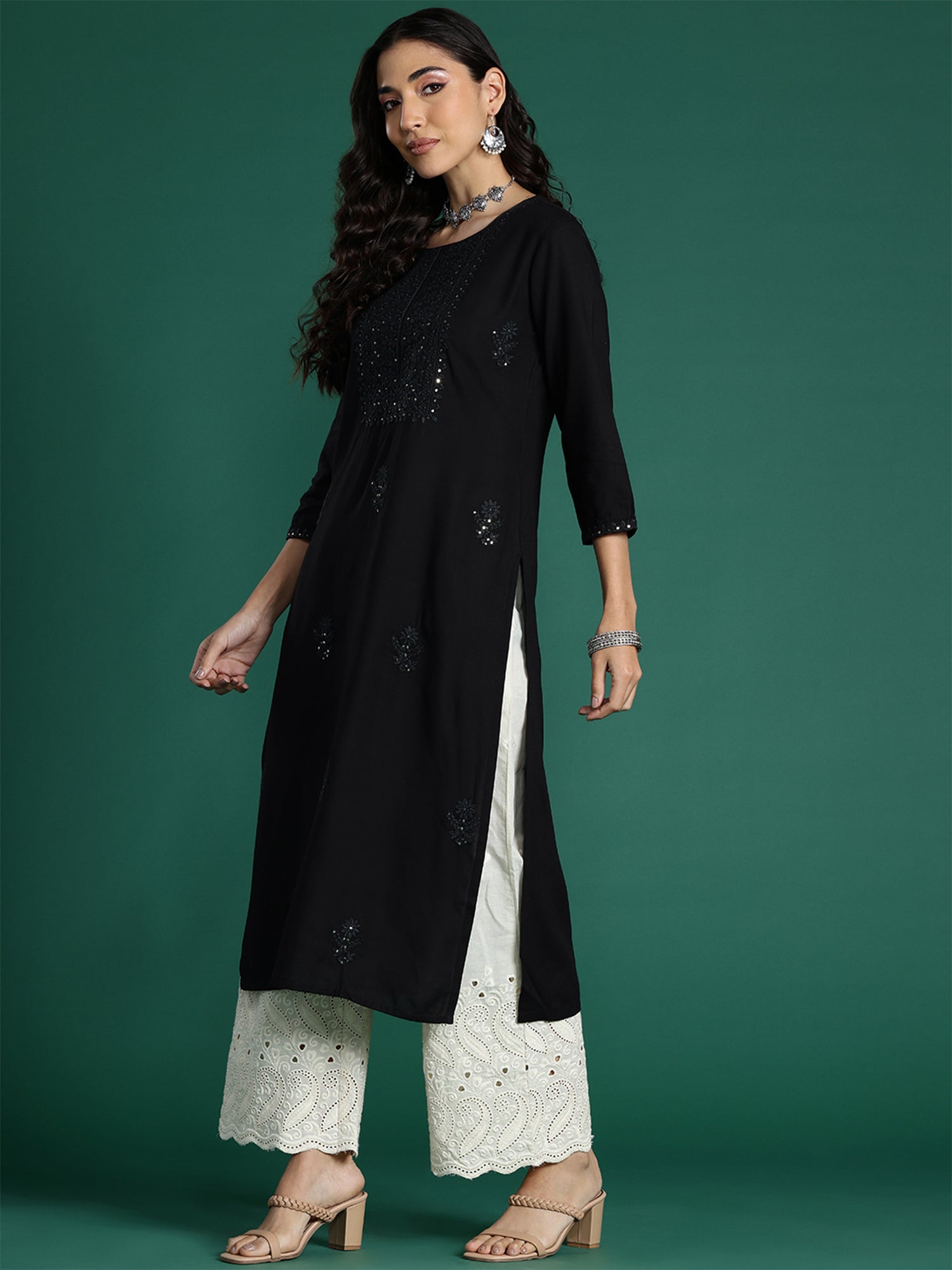 Black Embroidered Straight Kurtas